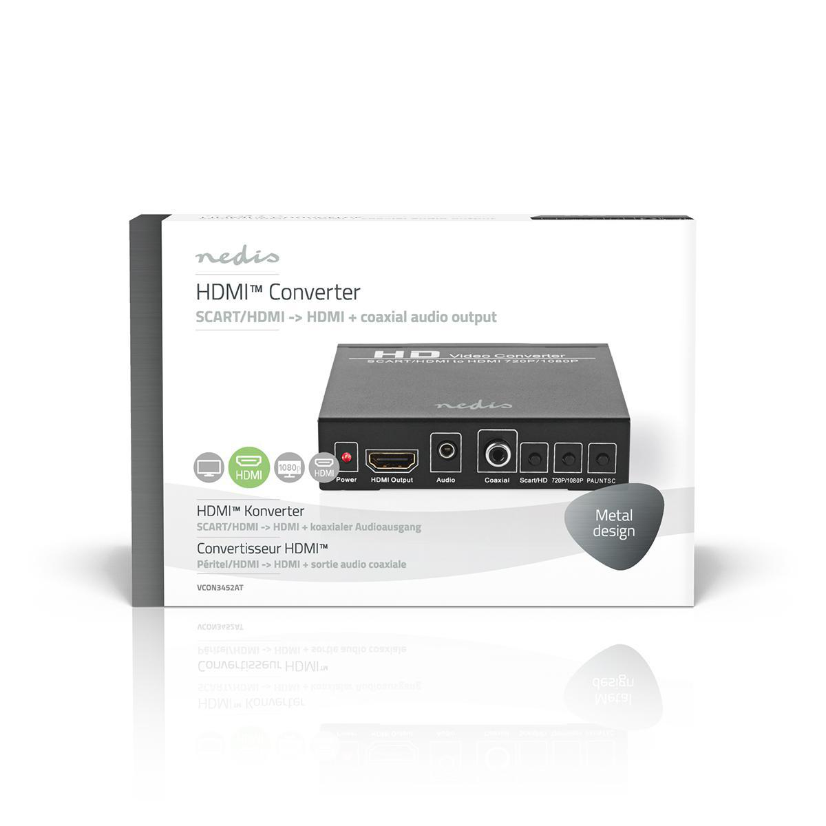 Schwarze HDMI-Konverterbox. Hat mehrere Anschlüsse und Funktionen. Reflektierende Oberfläche.