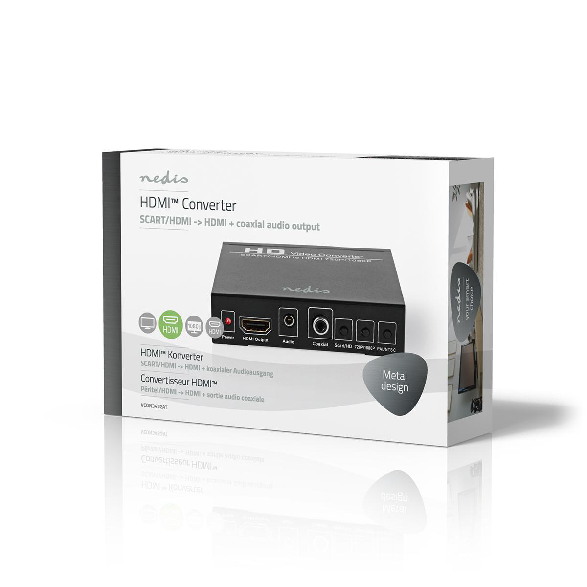 Schachtel mit schwarzem HDMI-Konverter. Text: HDMI-Konverter, SCART/HDMI -<gt/> HDMI + koaxialer Audioausgang.