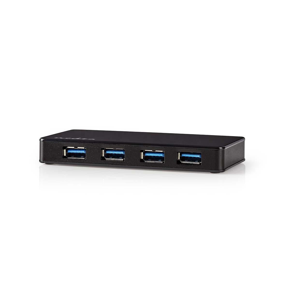 Zwarte USB-hub met vier blauwe USB-poorten. Het staat op een witte achtergrond.