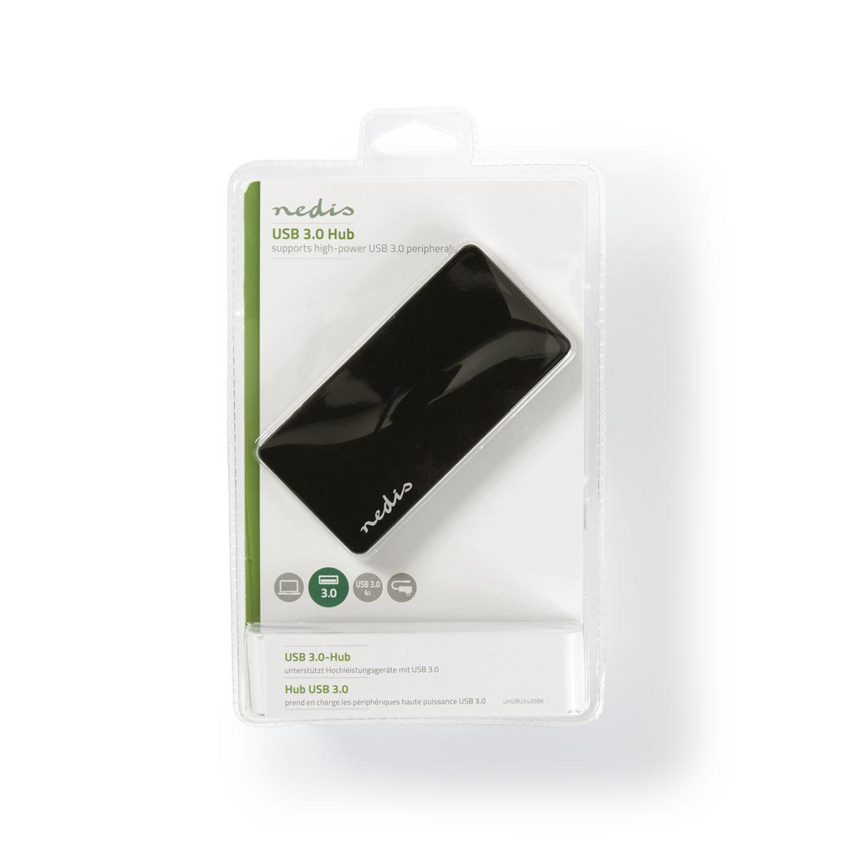 Witte verpakking: zwarte USB 3.0 hub met het Nedis-logo.