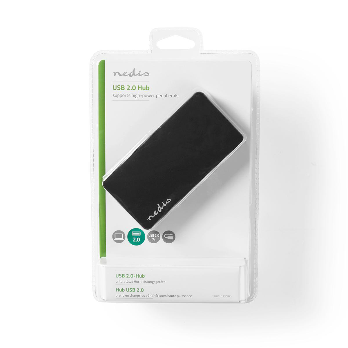 Een USB 2.0-hub in een doorzichtige plastic verpakking. De hub is zwart, met info.