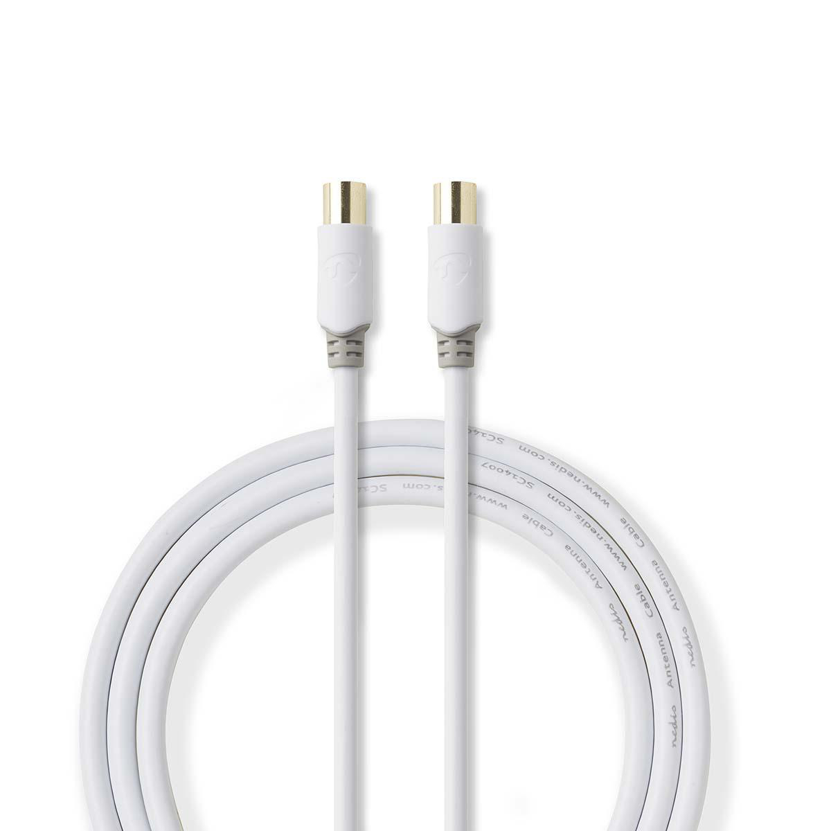 Dos cables coaxiales blancos con conectores dorados sobre fondo blanco.