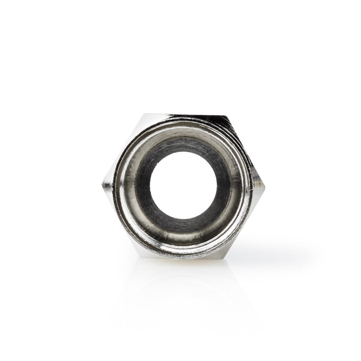 Een close-up van een metalen antenneconnector, met een zeshoekige vorm.