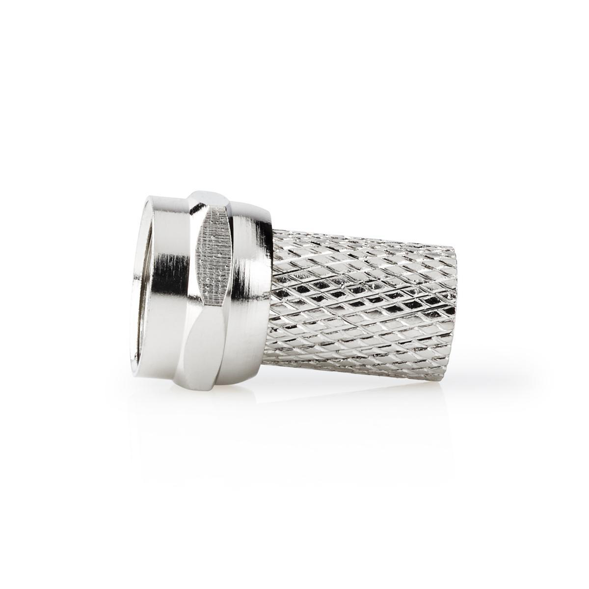 Een zilveren coaxiale connector. Het staat op een witte achtergrond.