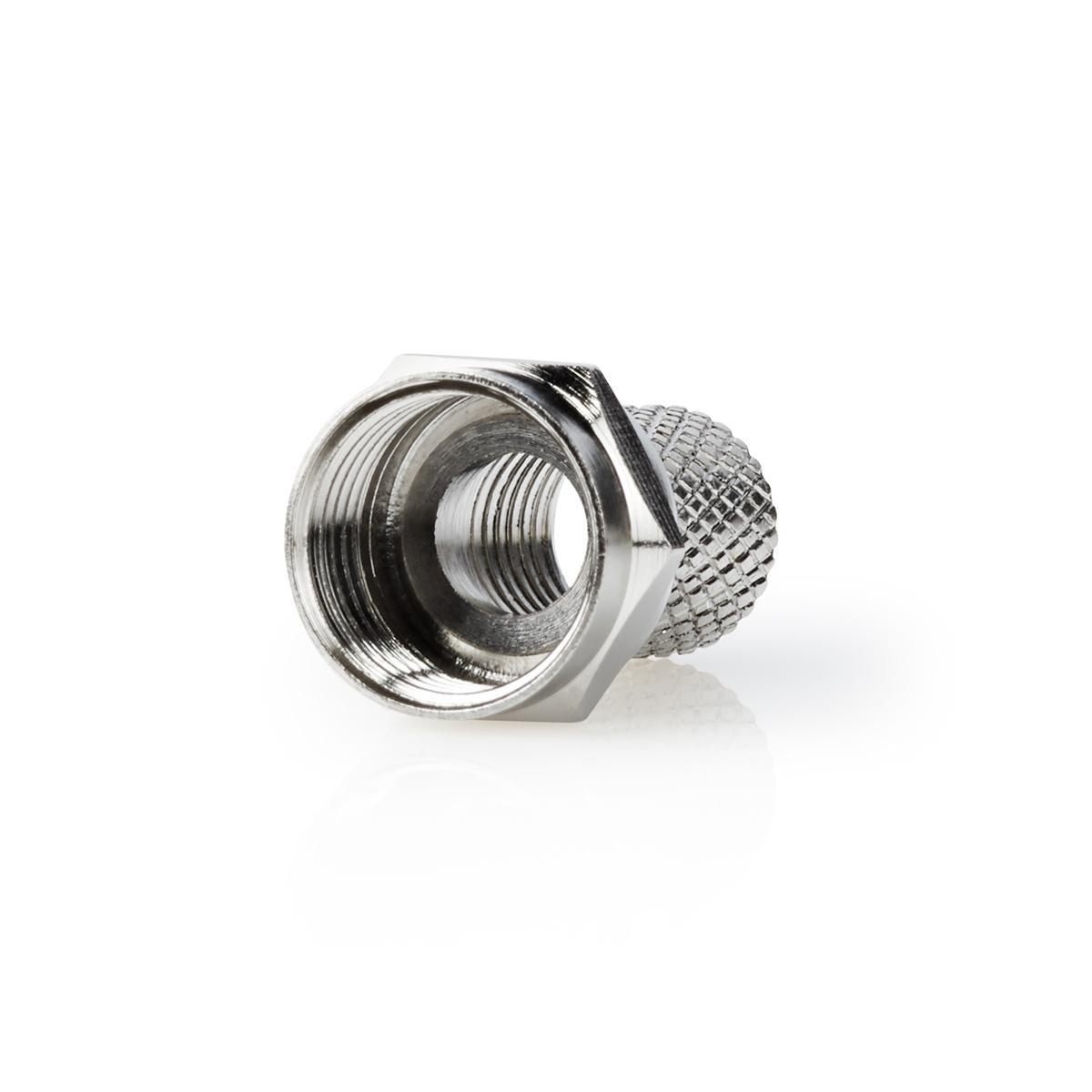 Zilveren coaxiale connector met schroefdraad, naar de kijker gericht. De connector is geïsoleerd op een witte achtergrond.