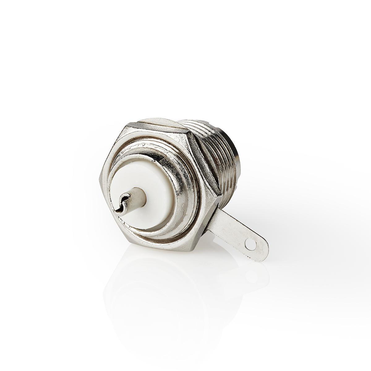 A silver, hexagonal connector with a white inner part and a small metal tab.