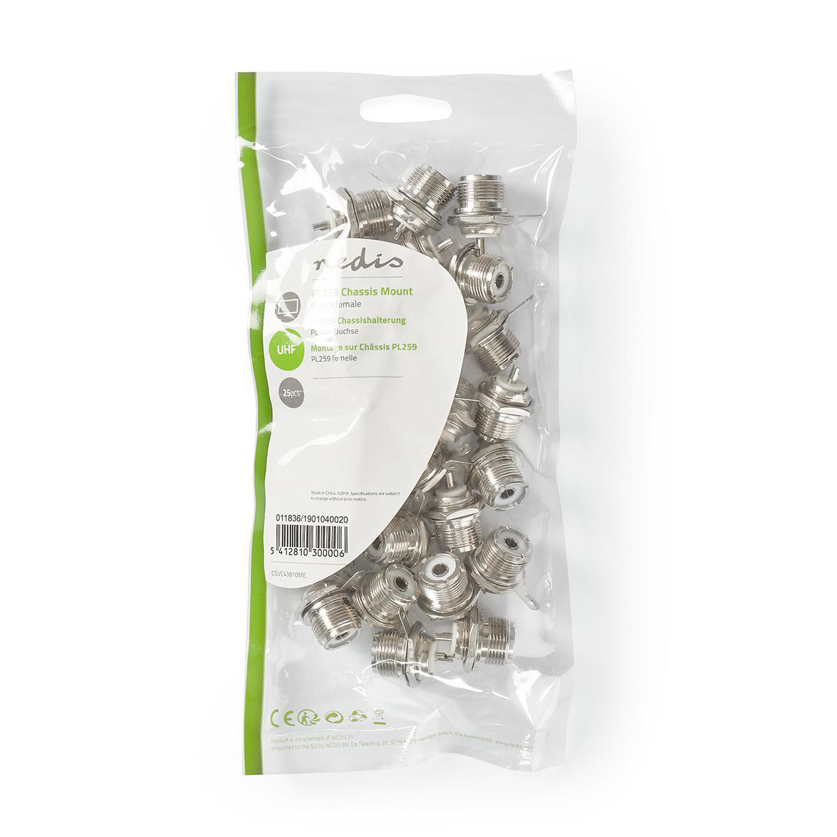 A bag of silver chassis mount connectors. The bag has a white background.