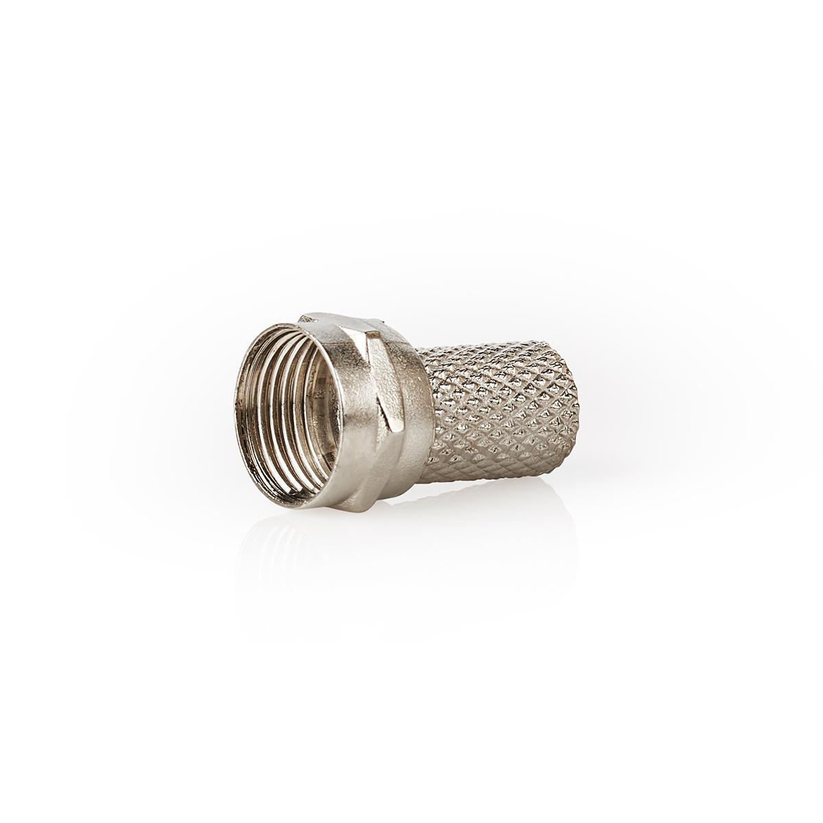 Close-up op een zilveren metalen connector met schroefdraad, gezien tegen een witte achtergrond.