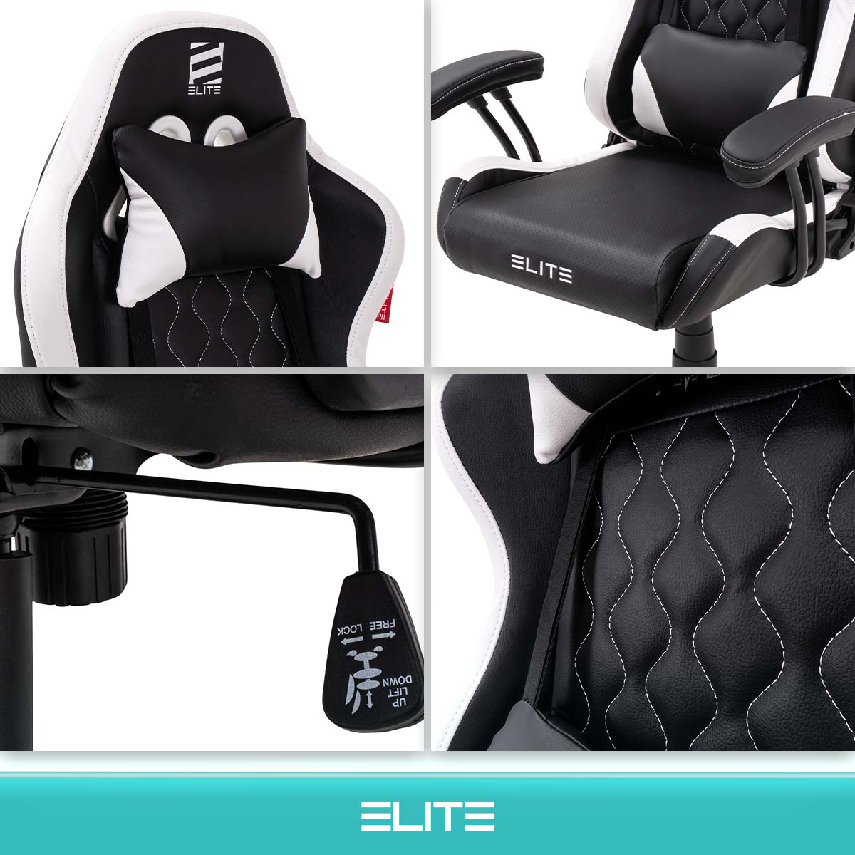 Gaming-Stuhl in Schwarz und Weiß mit Details. Vier Bilder werden gezeigt.