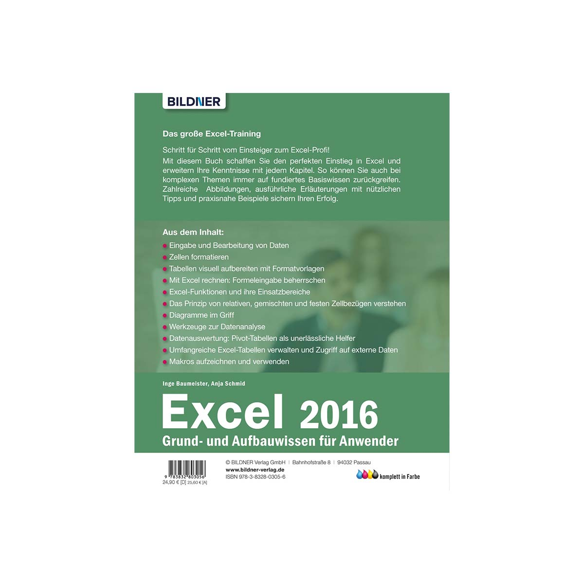 Buchcover für Excel 2016, mit Text und Bildern einer Tabelle und ihren Funktionen.