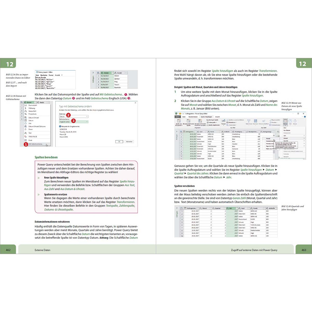 Seiten aus einem Buch über Datenanalyse, mit Tabellen und Abbildungen.