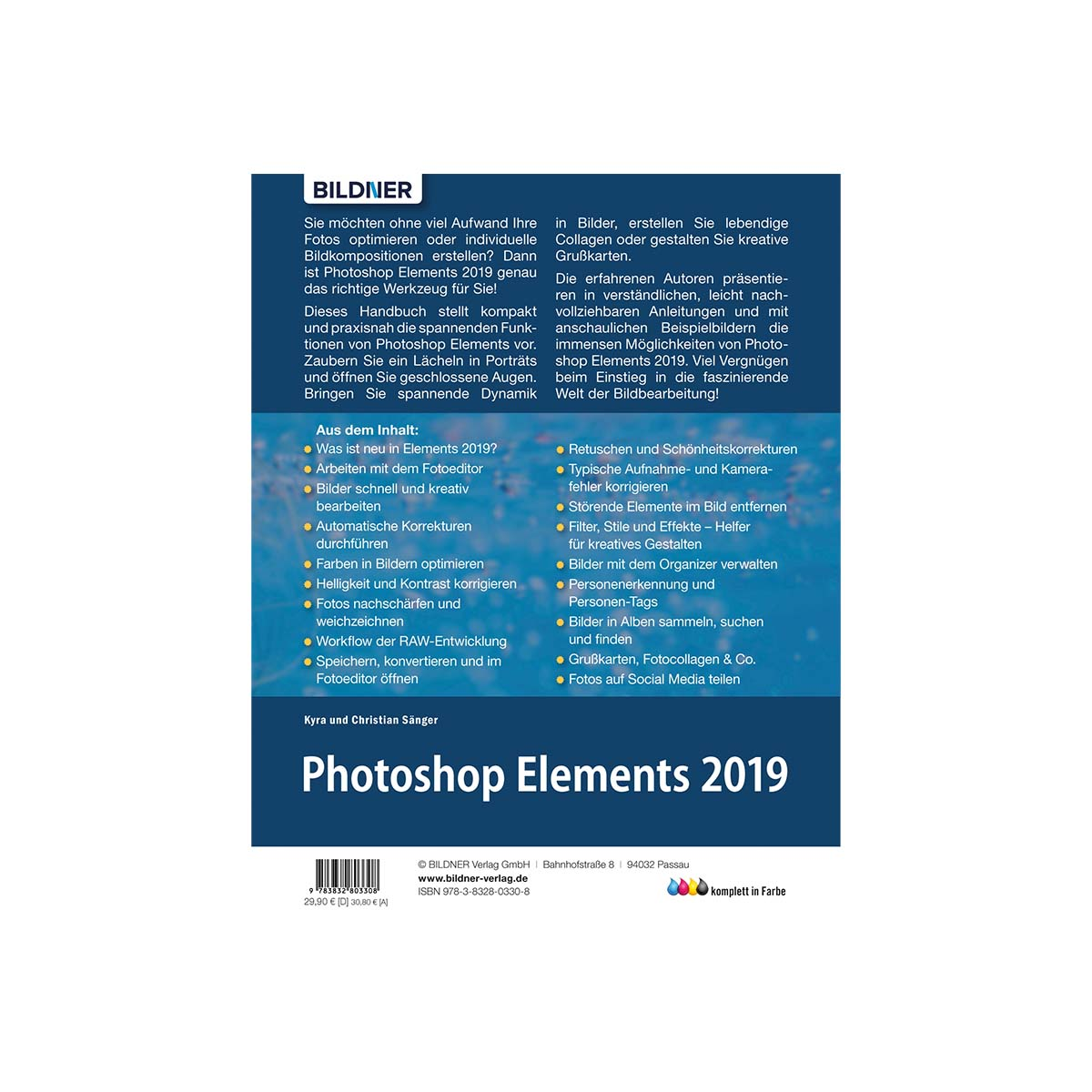 Buchcover. Photoshop Elements 2019 Titel. Text und Bilder auf dem Cover. Weißer Hintergrund.