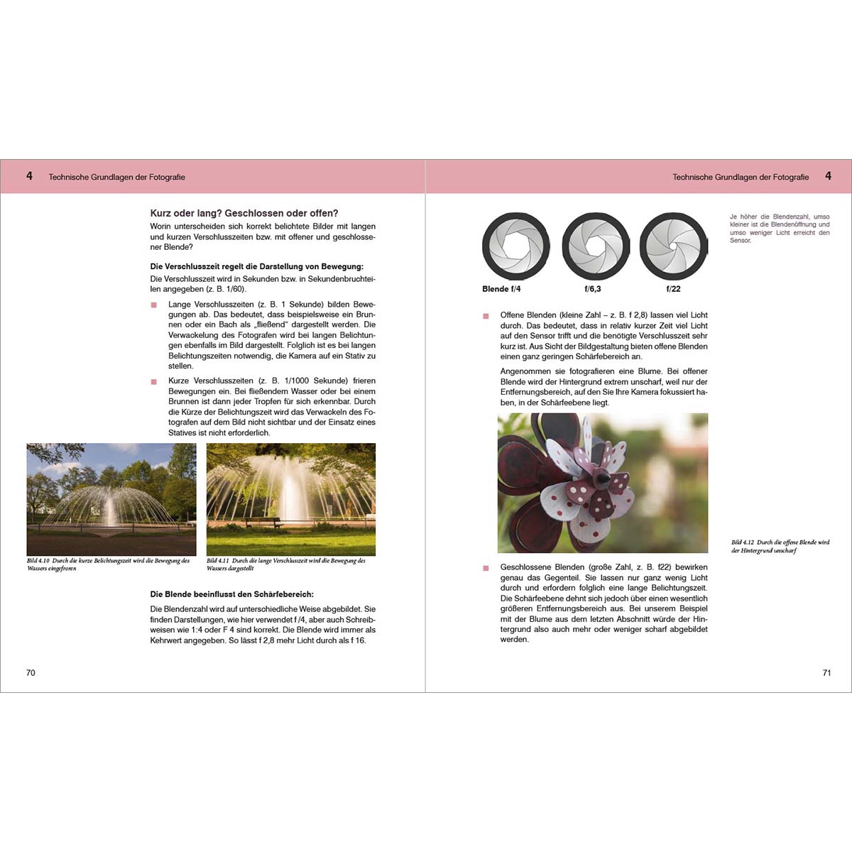 Ein offenes Buch mit Informationen über Fototechniken und Blendeneinstellungen. Der Hintergrund ist weiß.