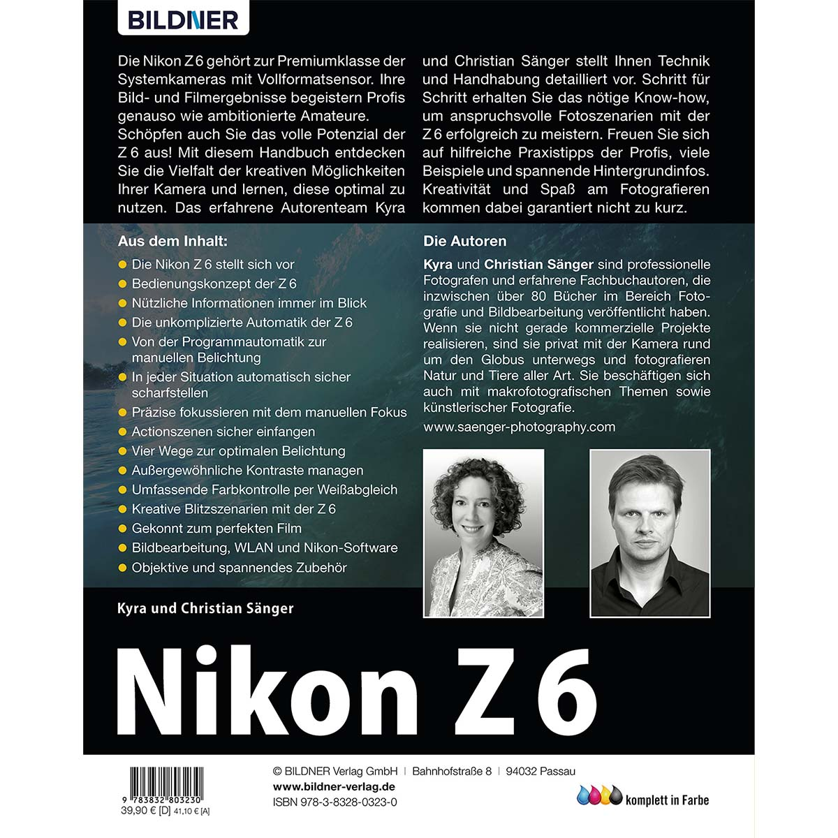 Buchcover mit Text und Autorenfotos; Nikon Z6 Kamera-Informationen und Fotografie-Details.
