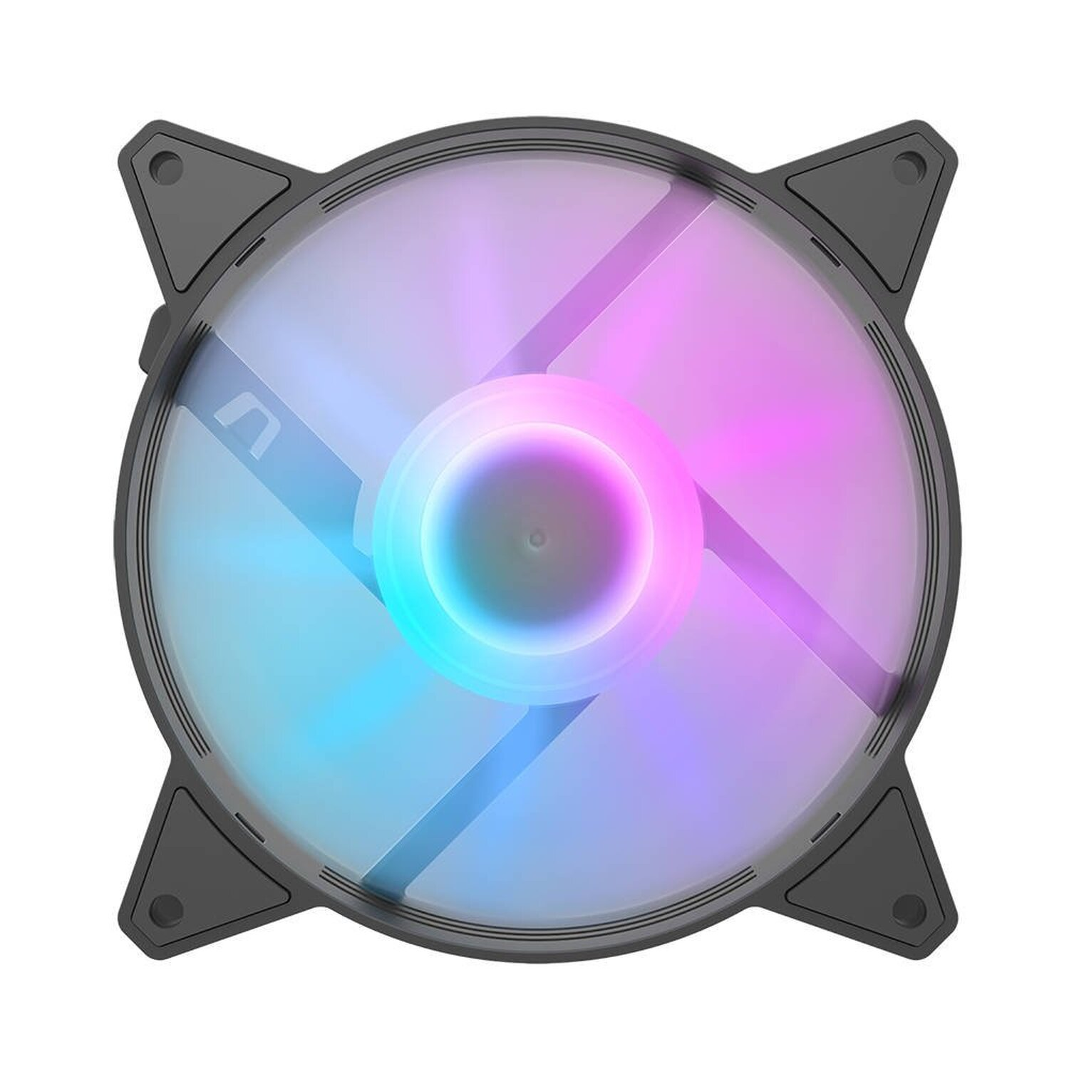 Computerlüfter mit bunten Lichtern. Kreisförmiger Lüfter mit schwarzem Rahmen, beleuchtet mit Blau, Rosa und Gelb.