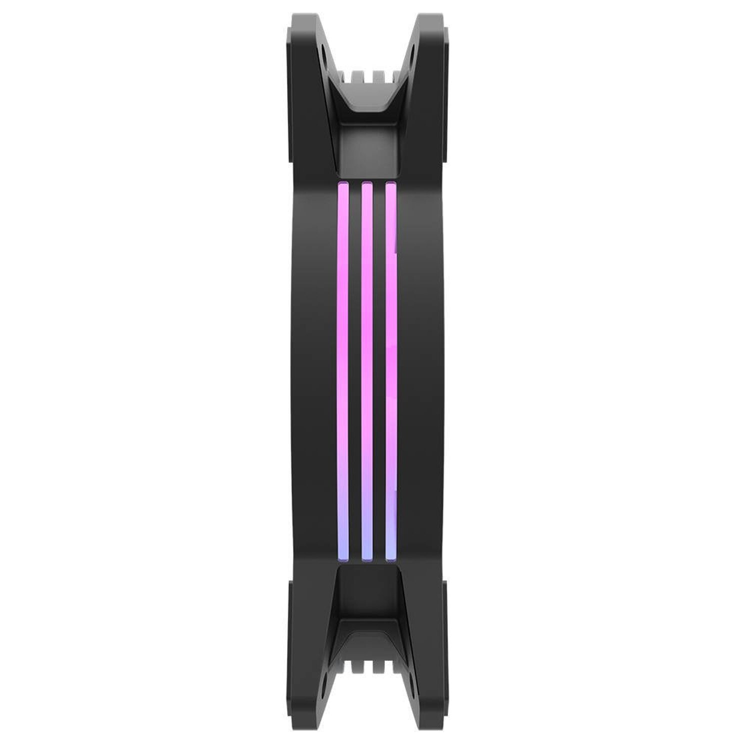 Schwarzer Lüfter mit einem Ring aus pinken, lila und blauen LEDs.