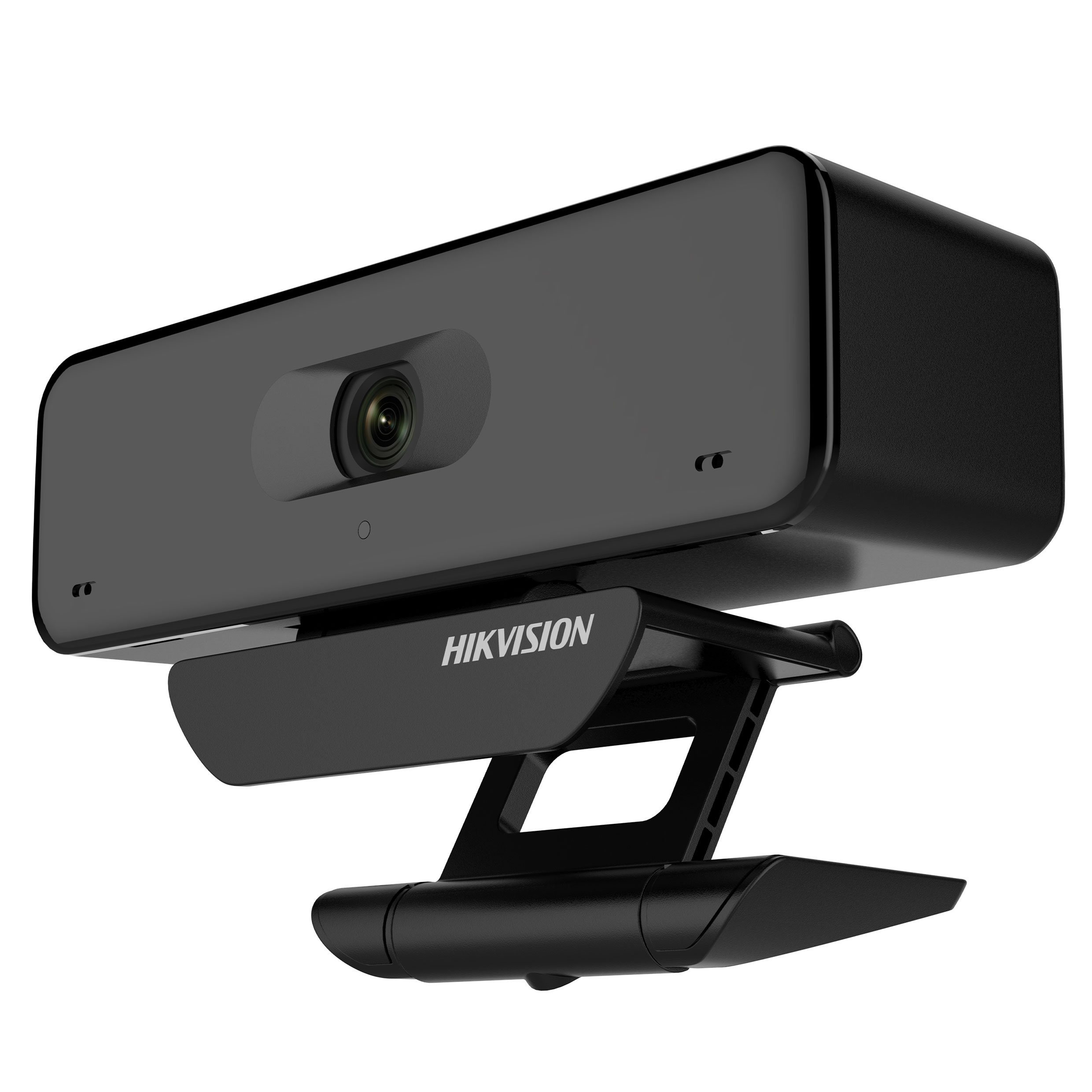 Une webcam noire avec un objectif et 'HIKVISION' imprimé sur le support. Le support est incliné et possède un support.