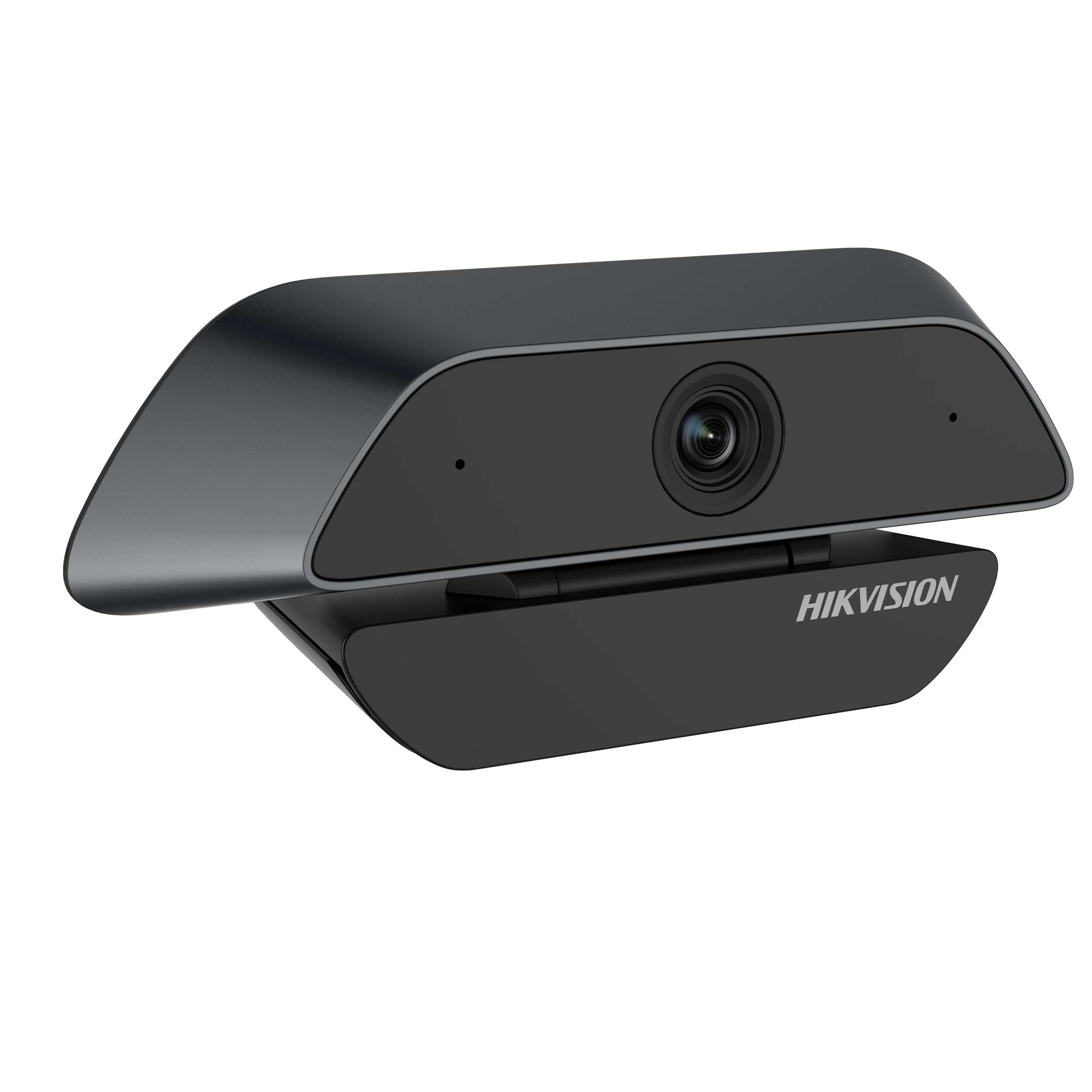 Czarna kamera internetowa z obiektywem i napisem 'HIKVISION' na podstawie. Kamera ma zakrzywiony design.