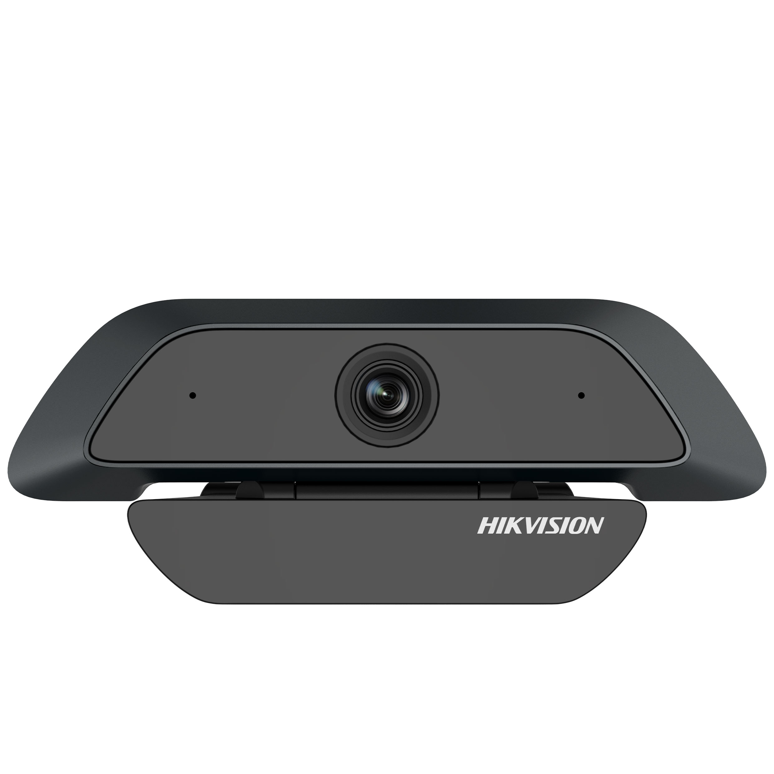 Czarna kamera internetowa z obiektywem i 'HIKVISION' na podstawie. Kamera skierowana do przodu.