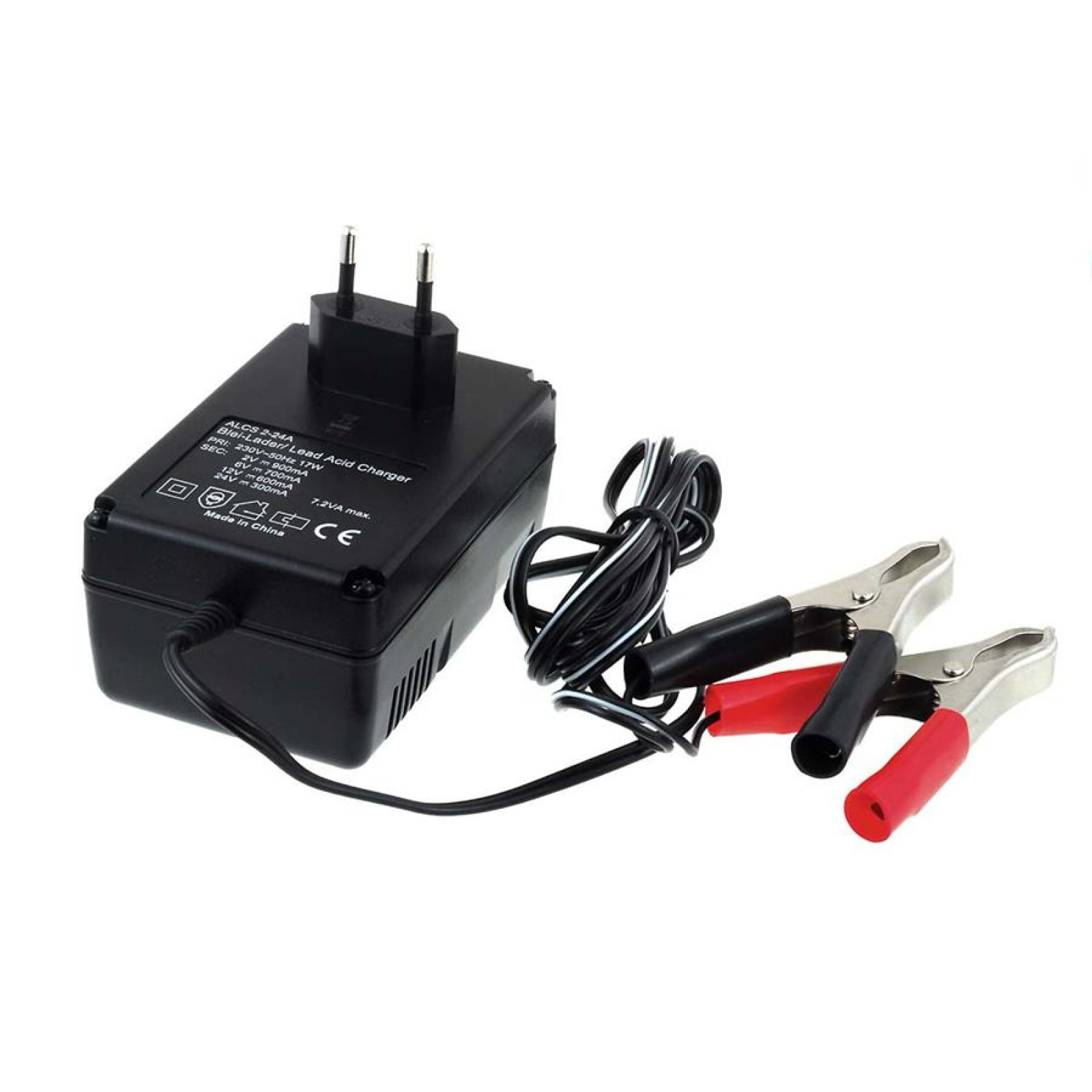 Cargador de batería negro con cables y pinzas. Contiene enchufe negro y pinzas rojo/negro.