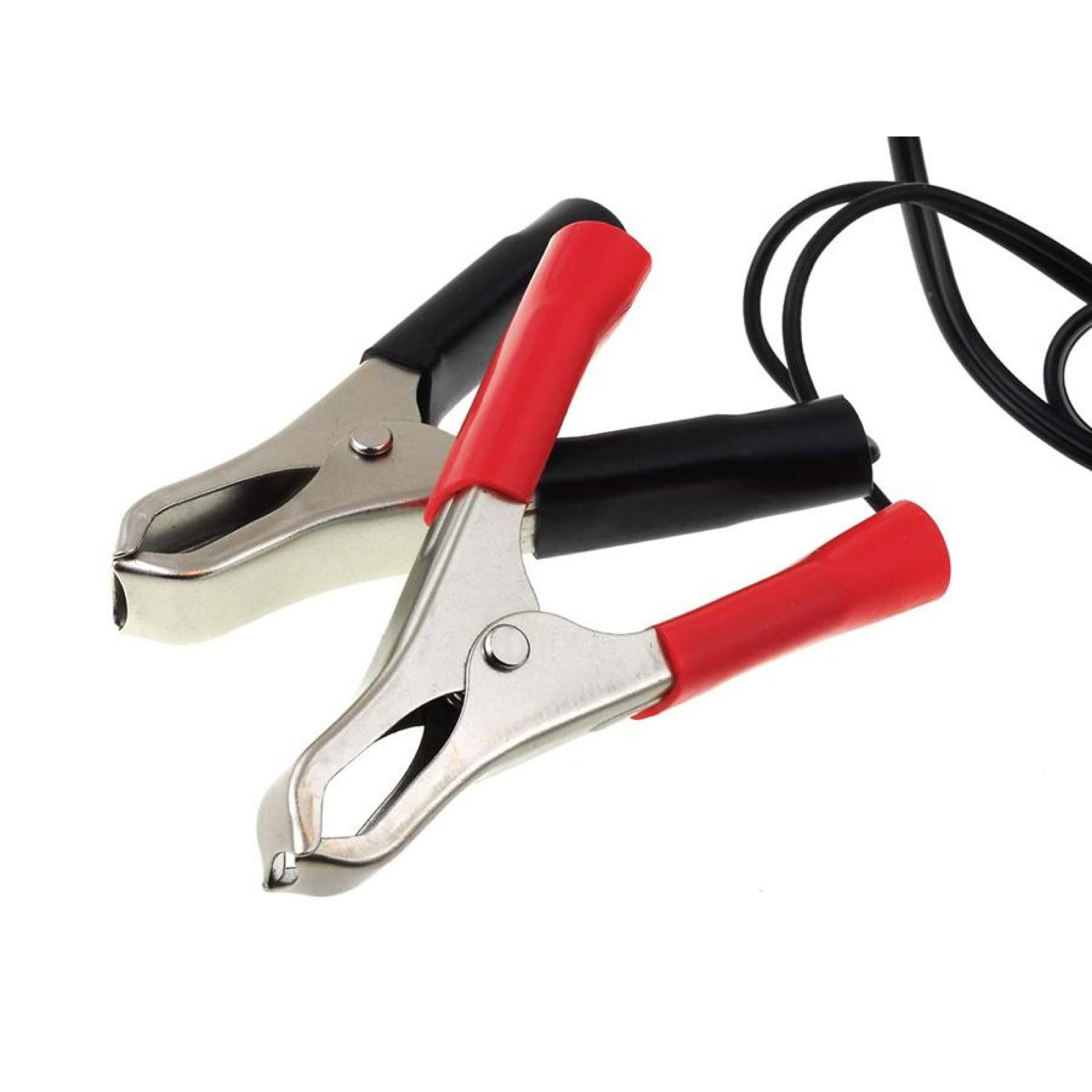Dos pinzas metálicas con agarres de goma rojos y negros. Están sobre un fondo blanco, con un cable negro visible.