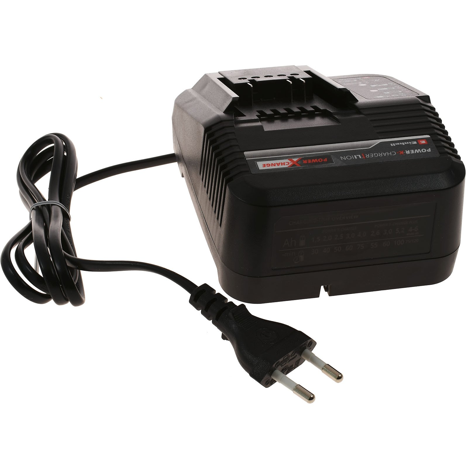 Un cargador de batería negro con cable de alimentación y enchufe, con la palabra 'POWER X-CHANGE'.