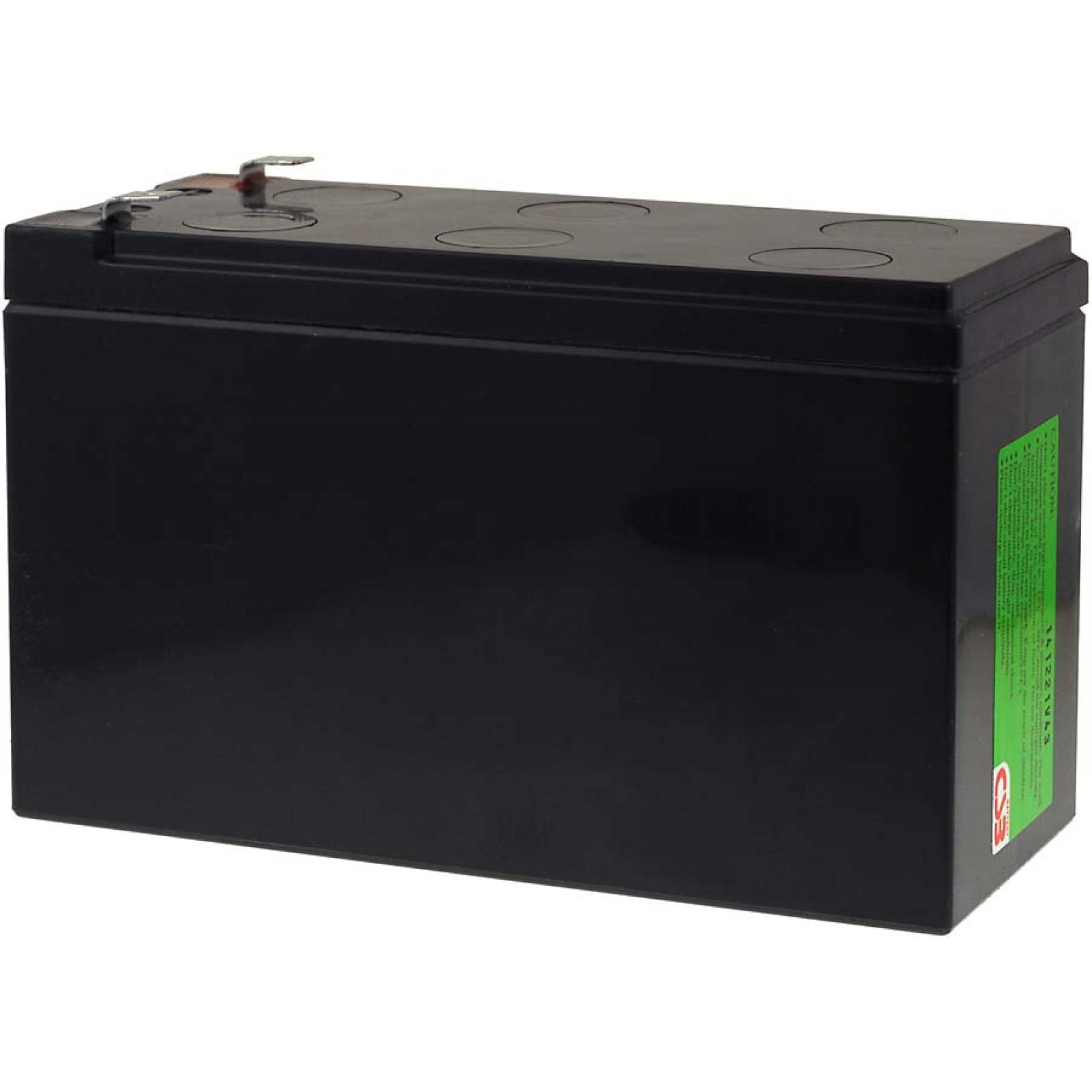 Batería negra, rectangular con una etiqueta y un conector pequeño. Sobre un fondo blanco.
