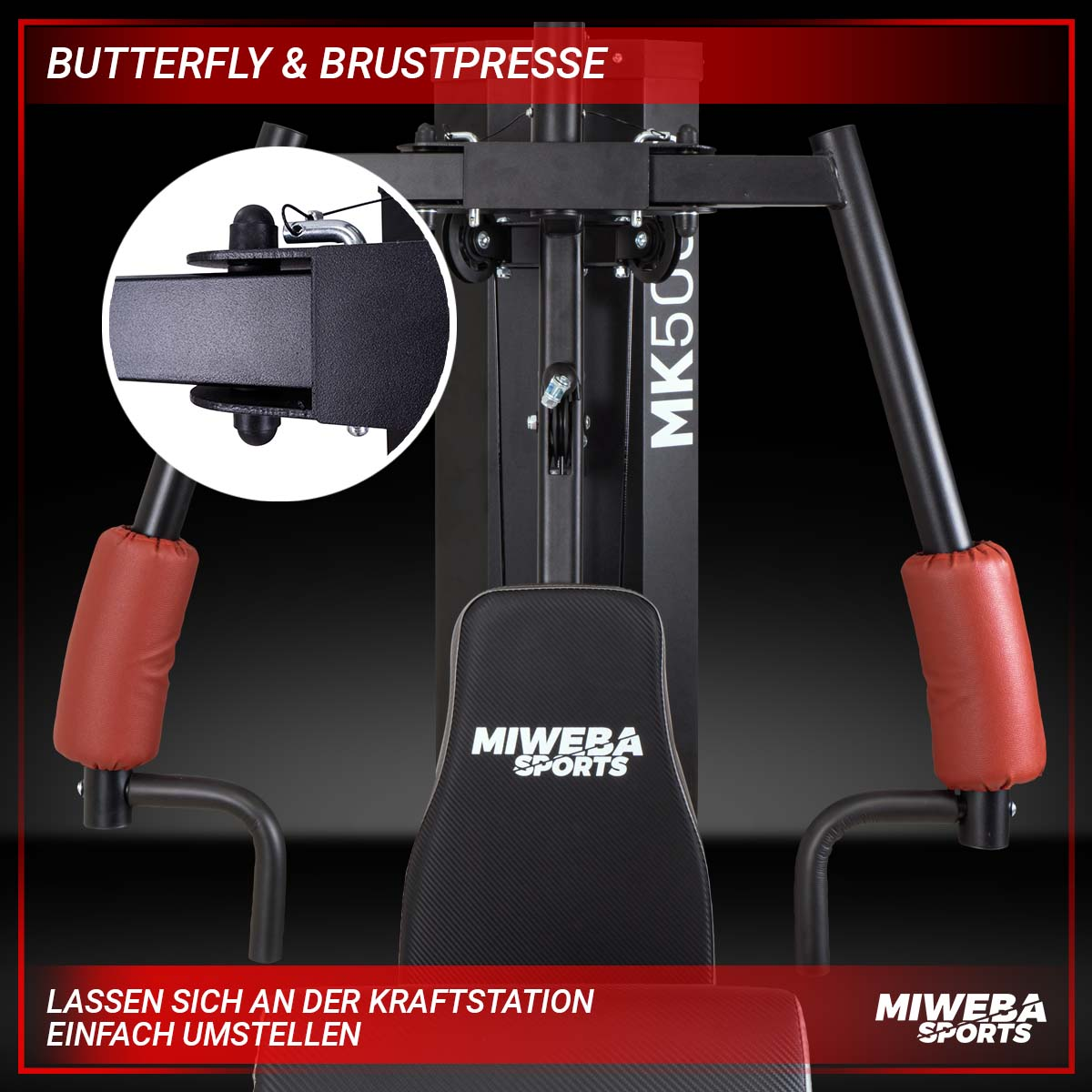 Eine schwarze und rote Gewichtsmaschine mit den Worten "Butterfly & Brustpresse".
