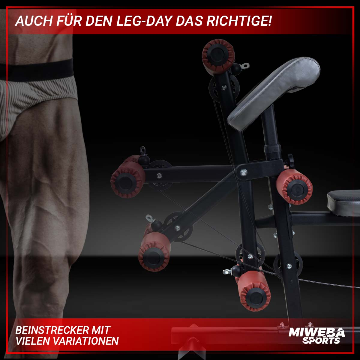 Beinstrecker-Maschine. Ein Bein eines Mannes ist gebeugt. Die Maschine hat rote und schwarze Teile.