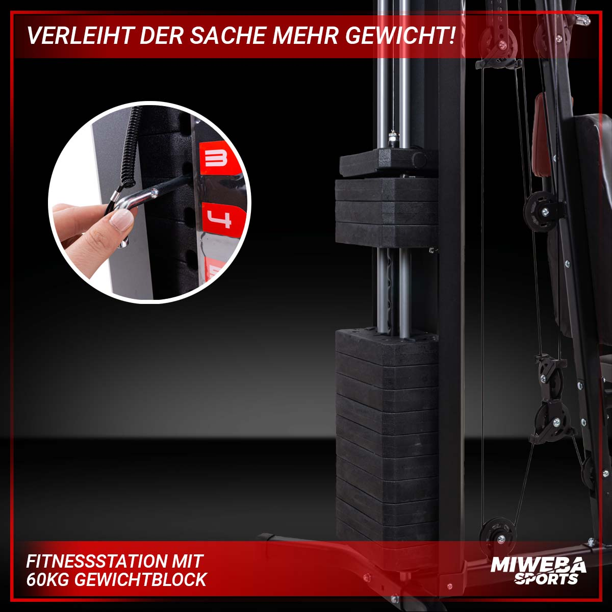 Schwarze Fitnessstation mit Gewichtsblock. Hand eines Mannes mit Haken. Schwarzer und roter Hintergrund.