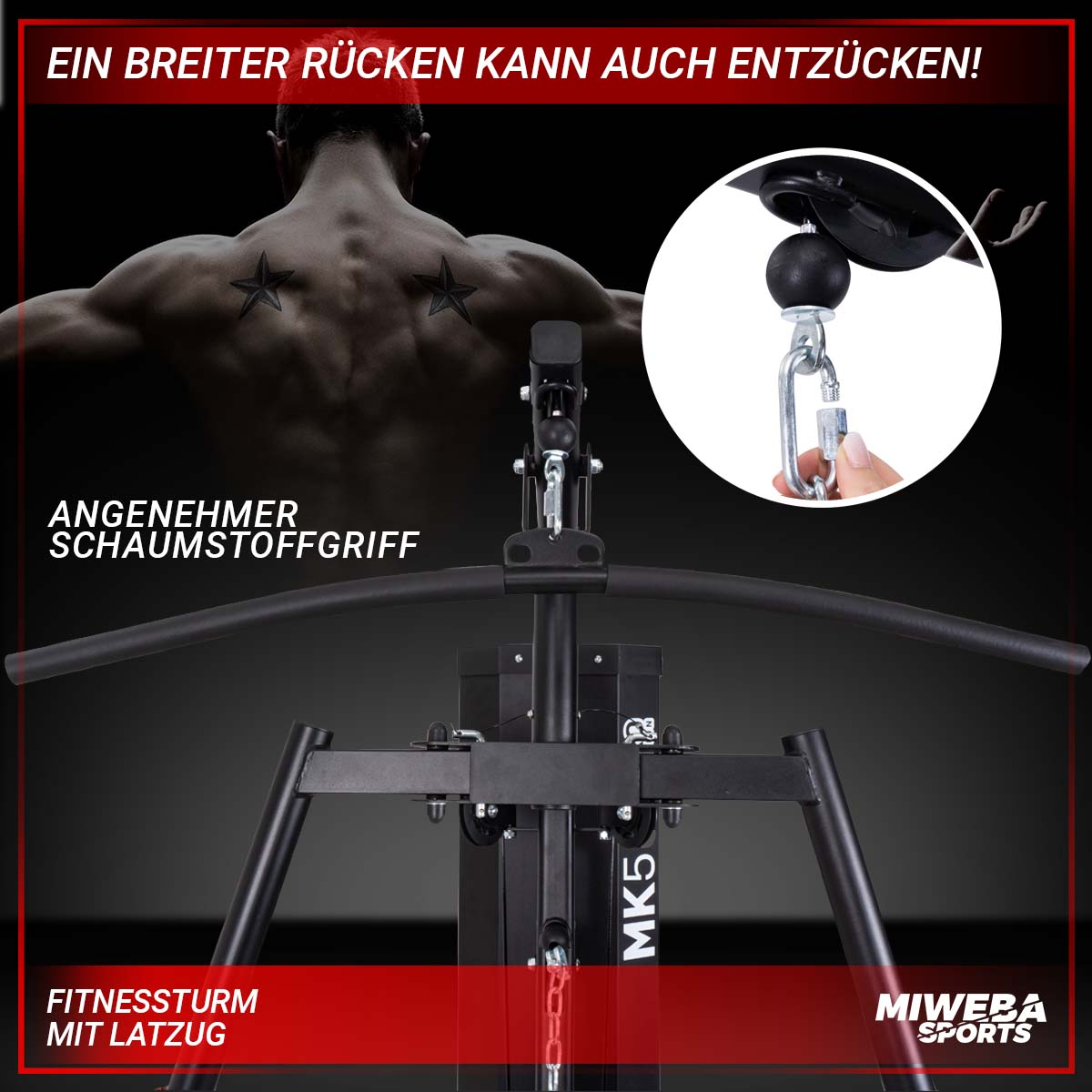 Ein Fitnessgerät mit dem Rücken eines Mannes im Hintergrund, eine Nahaufnahme eines Griffs und eines Gewichts.