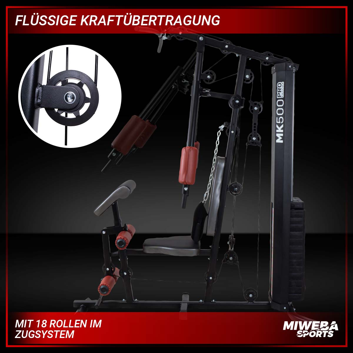 Ein Fitnessgerät mit roten Polstern, mit einer Nahaufnahme eines Rades mit silberner Schraube.