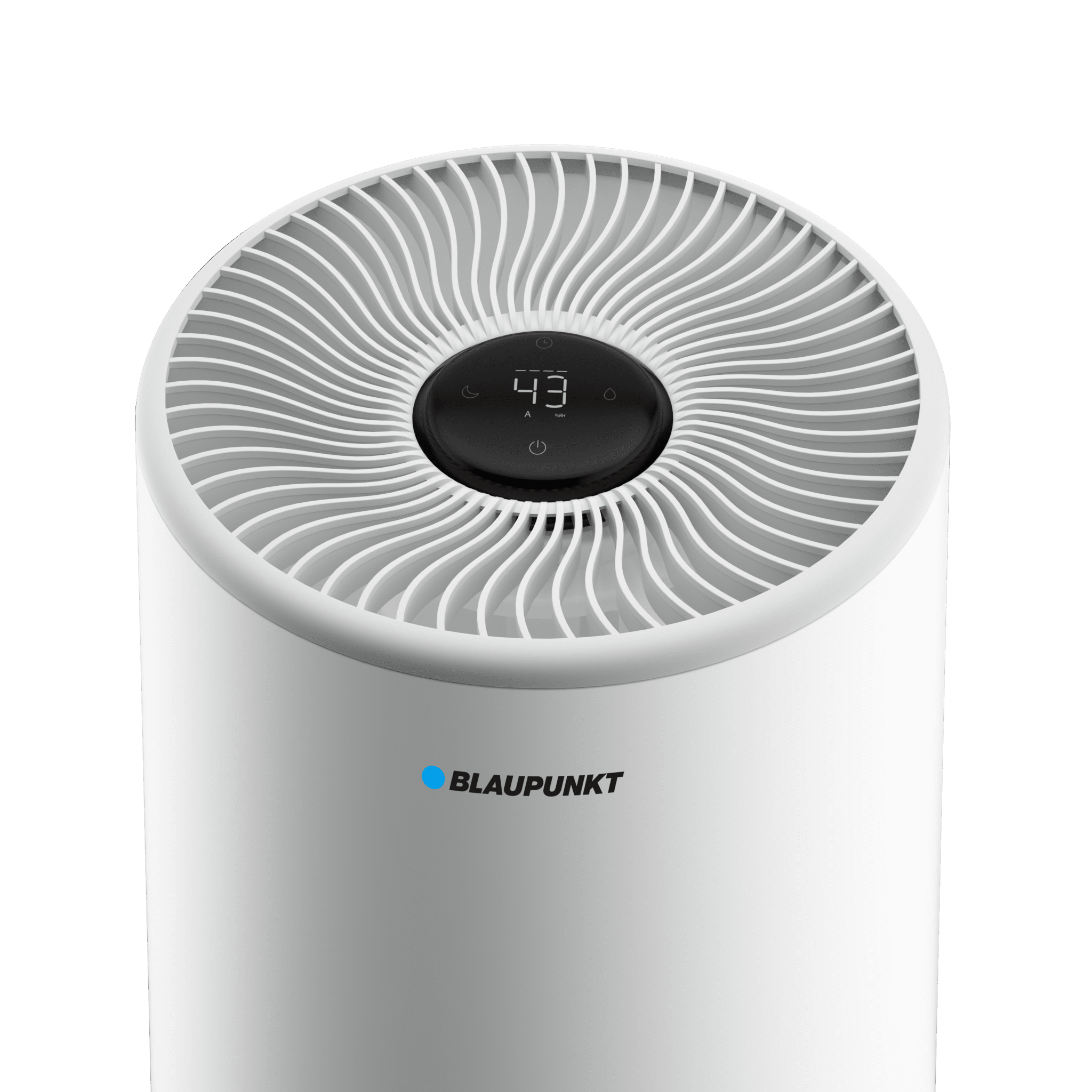 Purificatore d'aria bianco con parte superiore circolare e display. Il marchio 'Blaupunkt' è visibile.