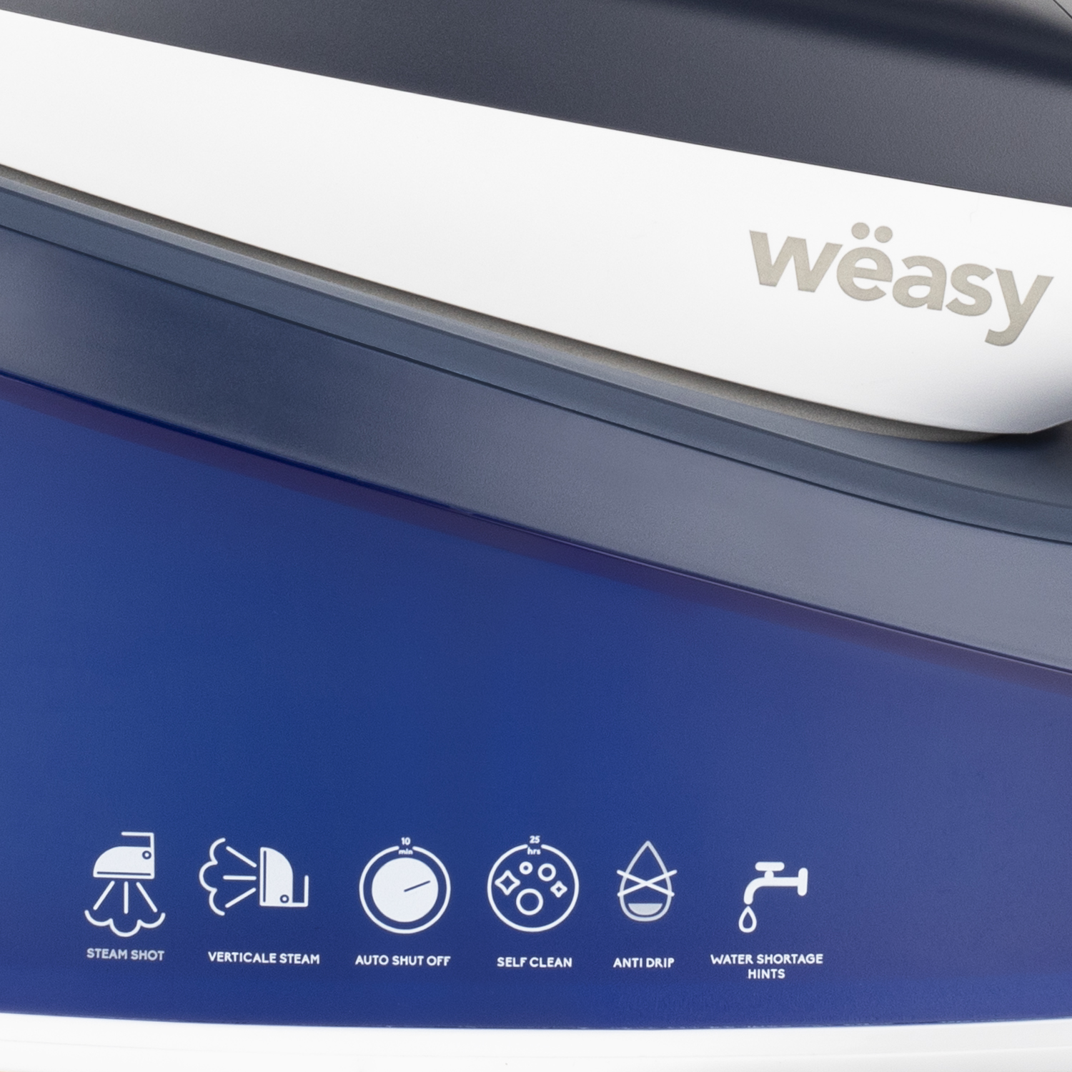 Blaues und weißes Bügeleisen mit Anzeige-Symbolen. Text auf dem Bügeleisen: "weasy".