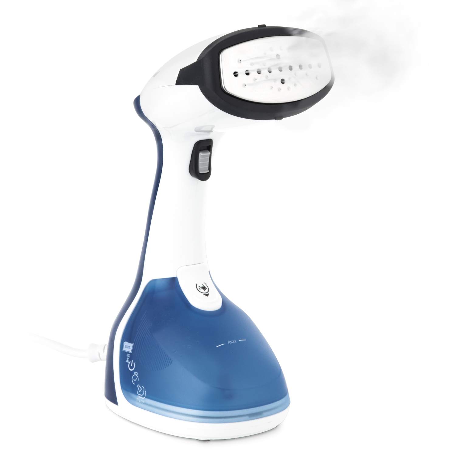 Vaporizzatore per indumenti bianco e blu, vapore che esce dalla testa.