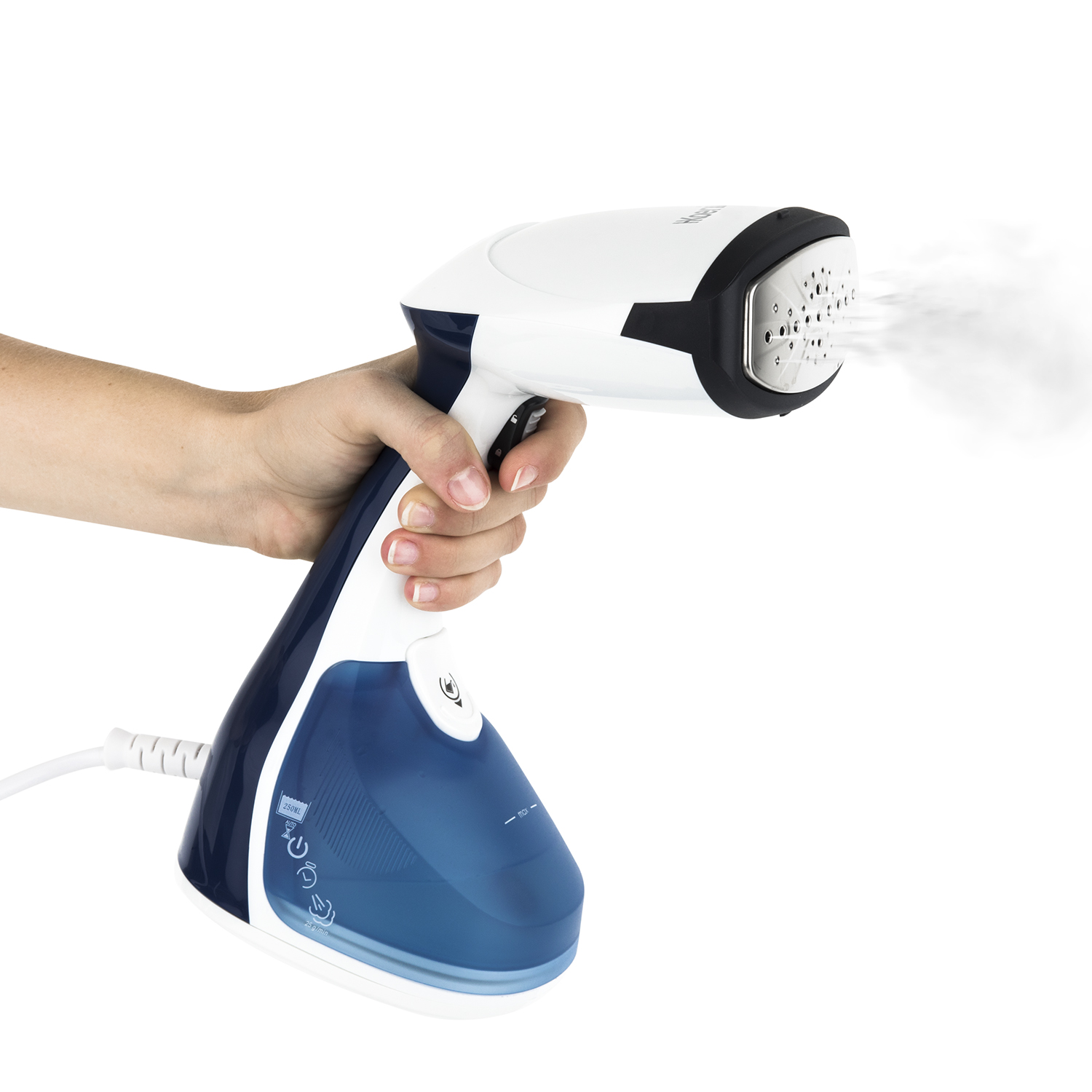 Mano che tiene un vaporizzatore portatile, il vapore esce dalla testa.