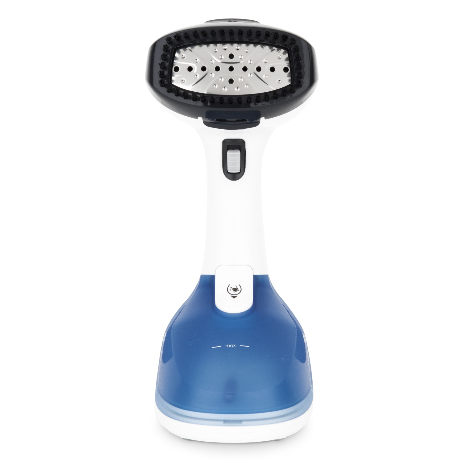 Vaporizzatore per indumenti bianco e blu su sfondo bianco.