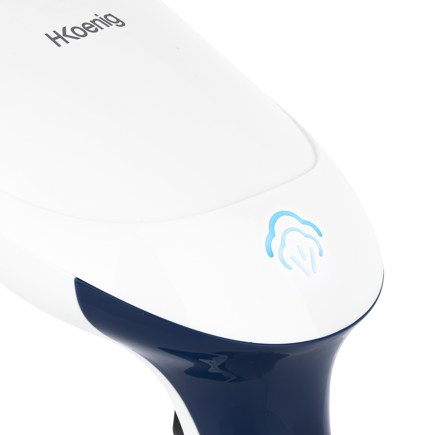 Vaporiera bianca e blu con simbolo del vapore su sfondo bianco.