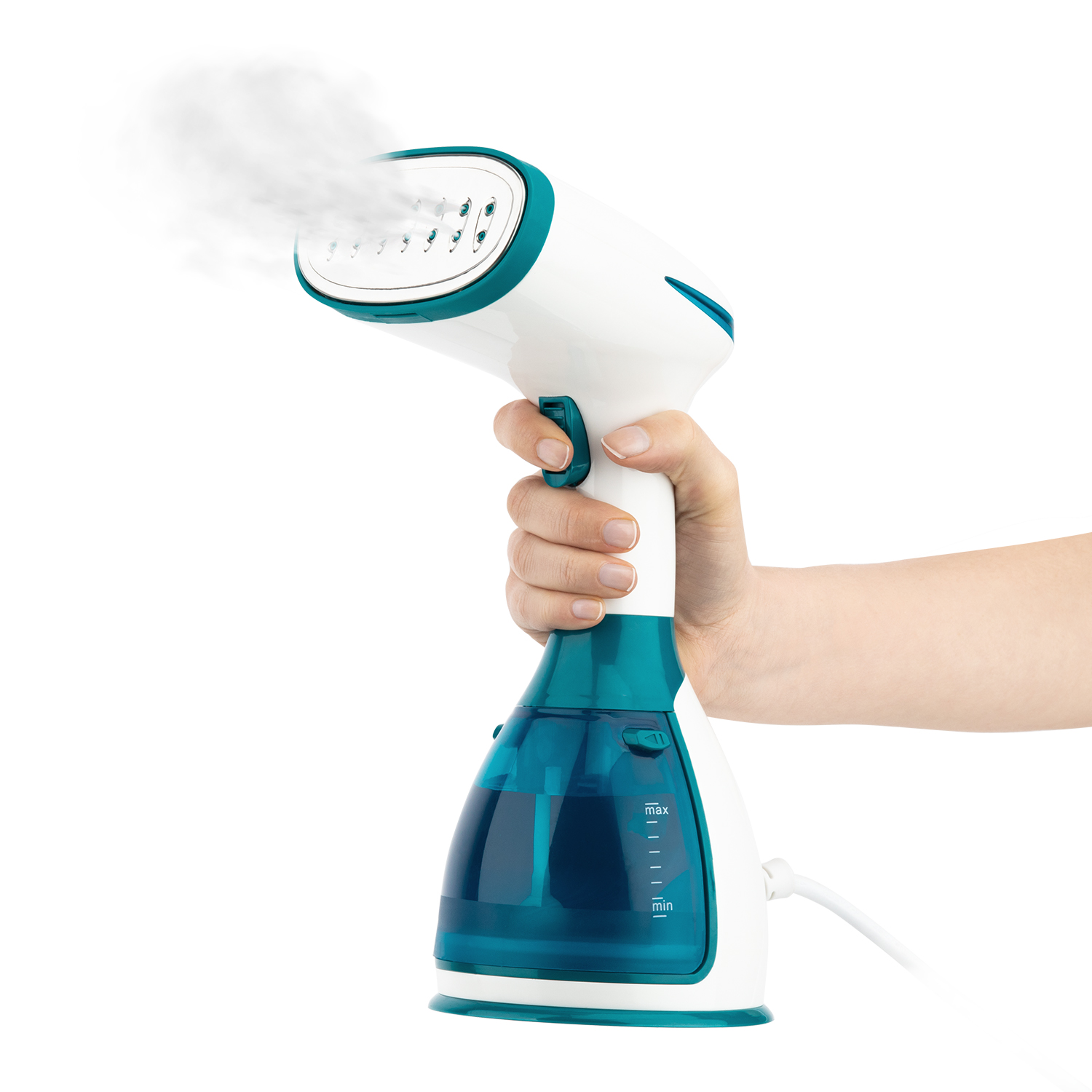 Mano sosteniendo un vaporizador blanco y verde azulado, vapor subiendo.