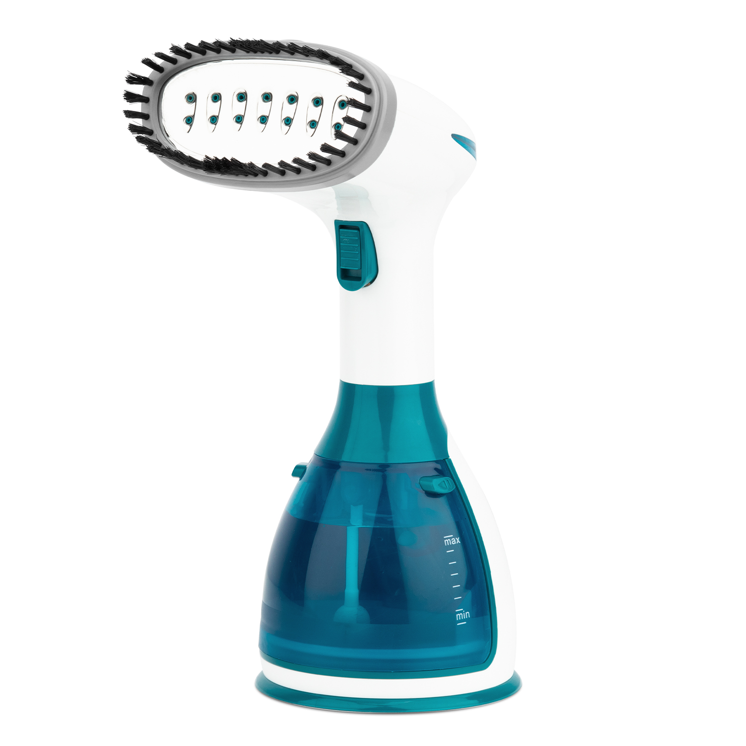 Un vaporizador de ropa portátil en colores blanco y verde azulado.