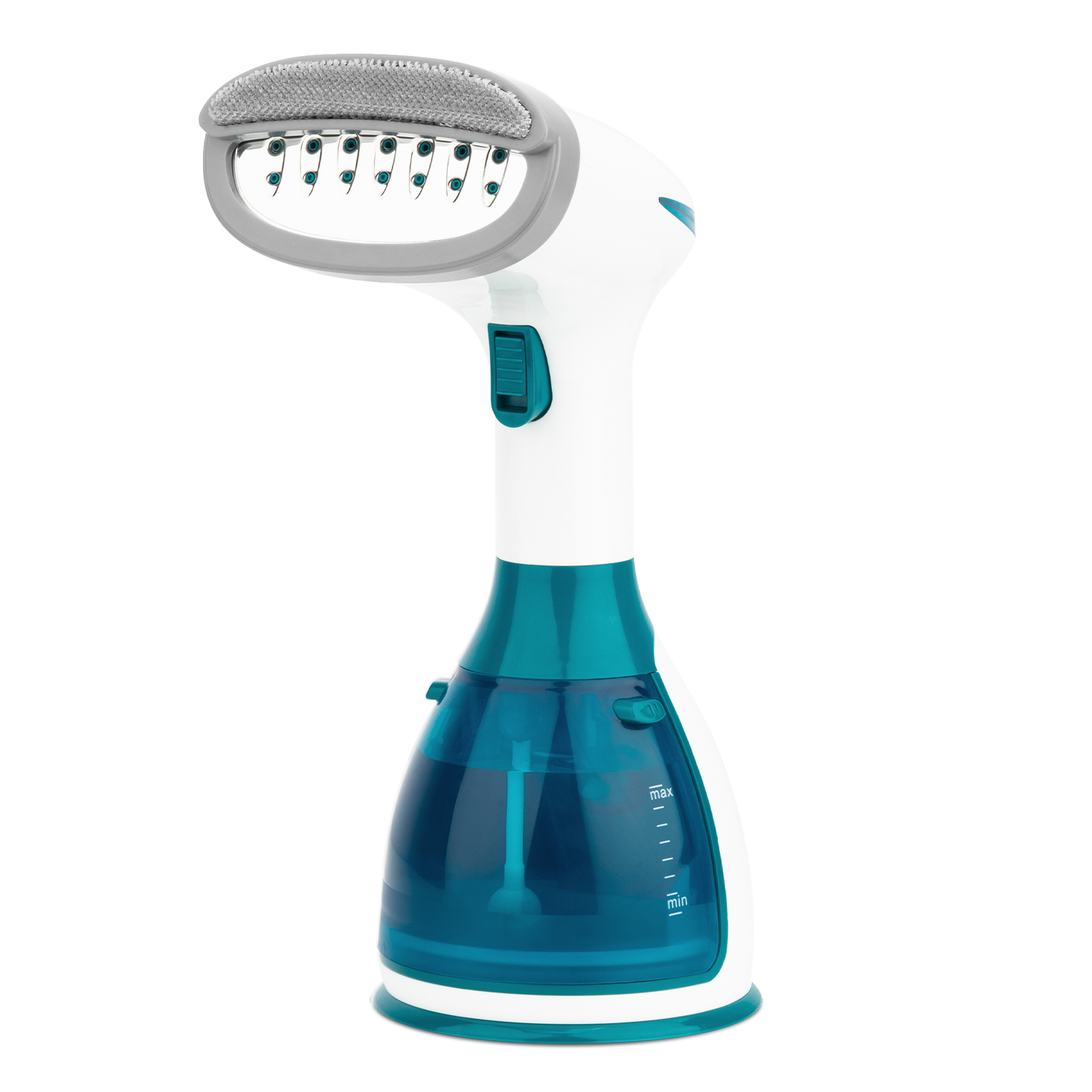 Vaporizador de ropa de mano blanco y verde azulado con cabezal gris. El vaporizador tiene un depósito de agua.