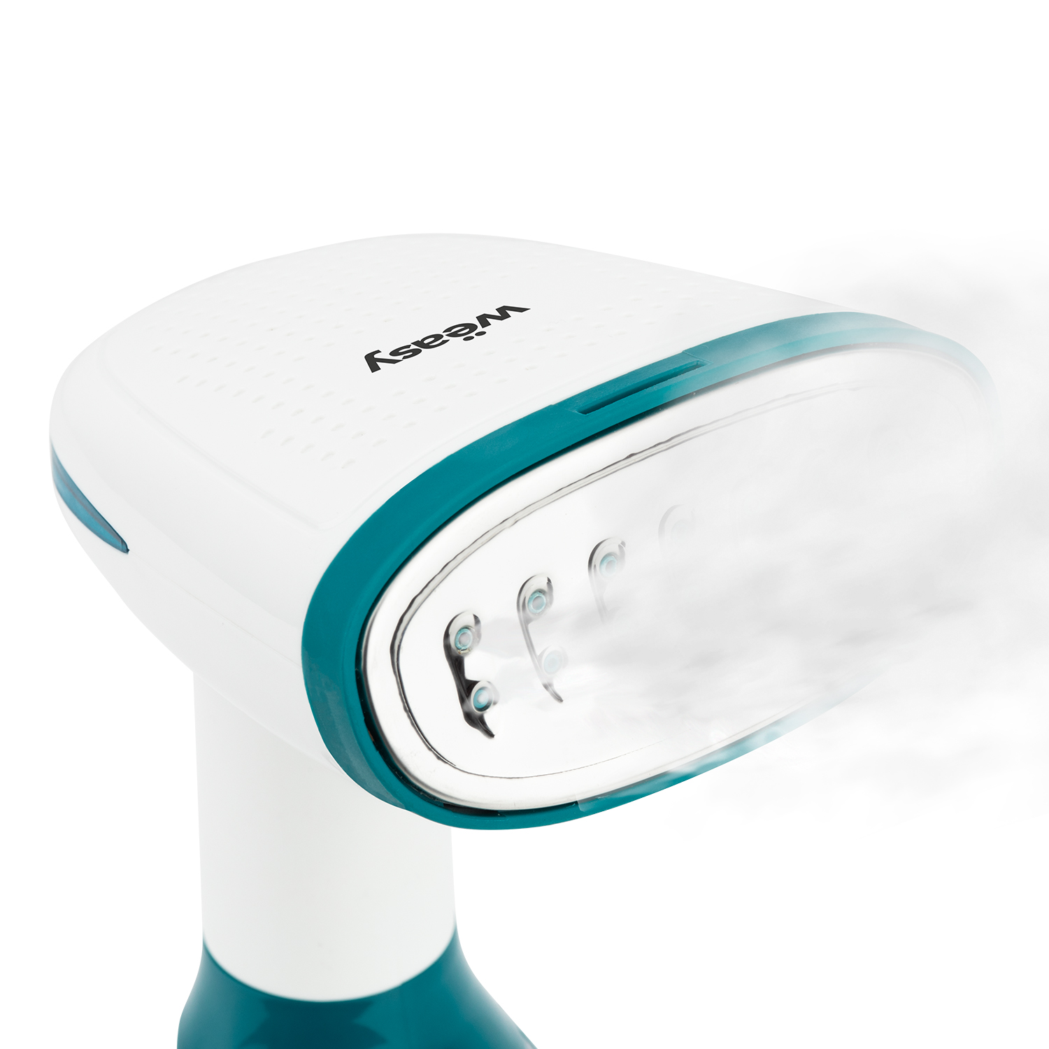 Un vaporizador de mano blanco y verde azulado con vapor saliendo de la boquilla.