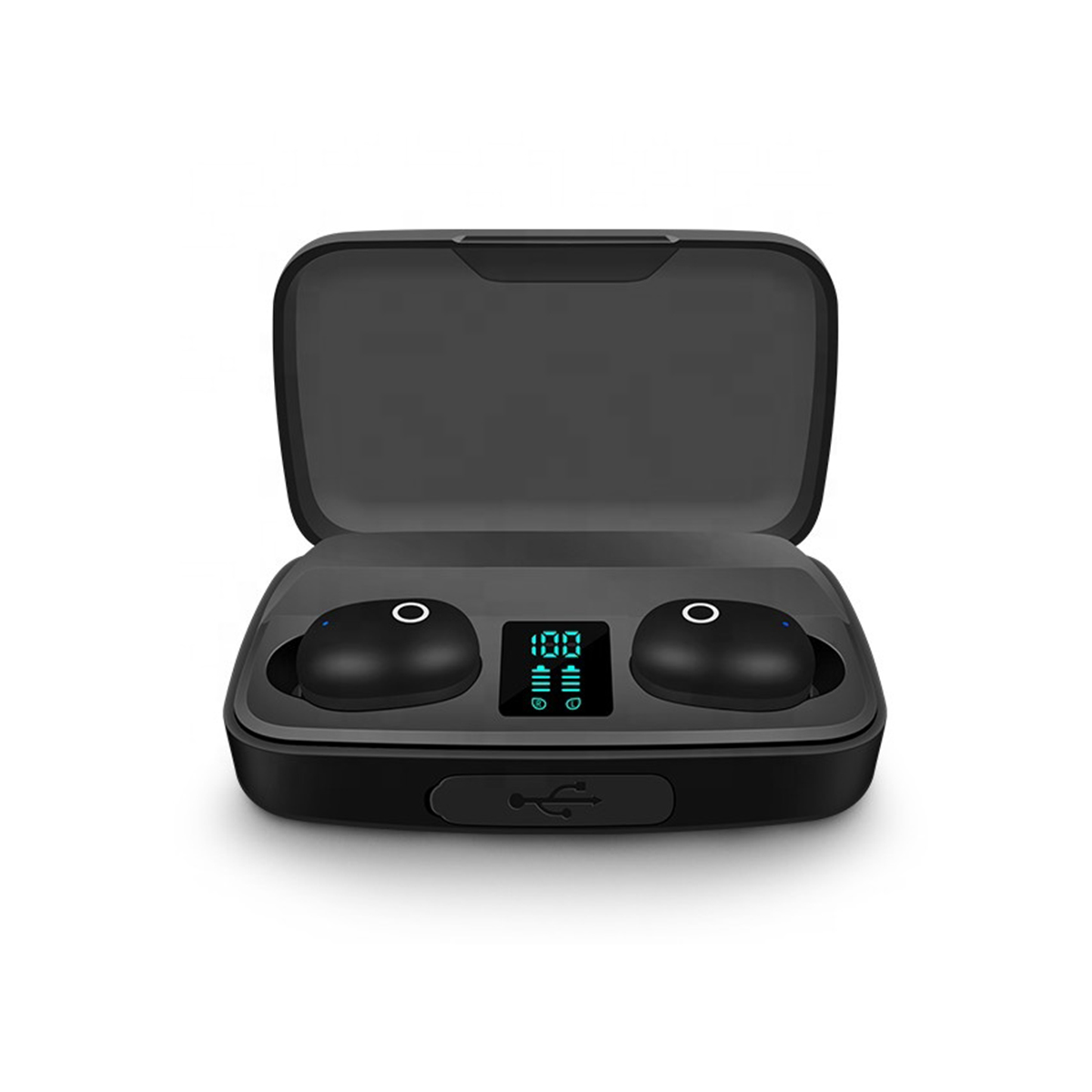 Auriculares inalámbricos negros en un estuche de carga abierto con una pantalla.