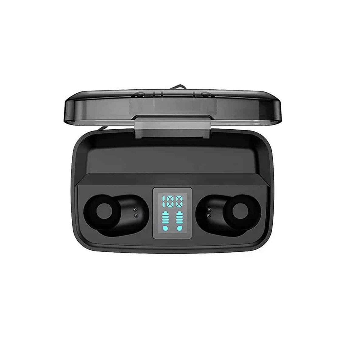 Auriculares negros en un estuche de carga abierto. El estuche tiene una pantalla digital. El fondo es blanco.