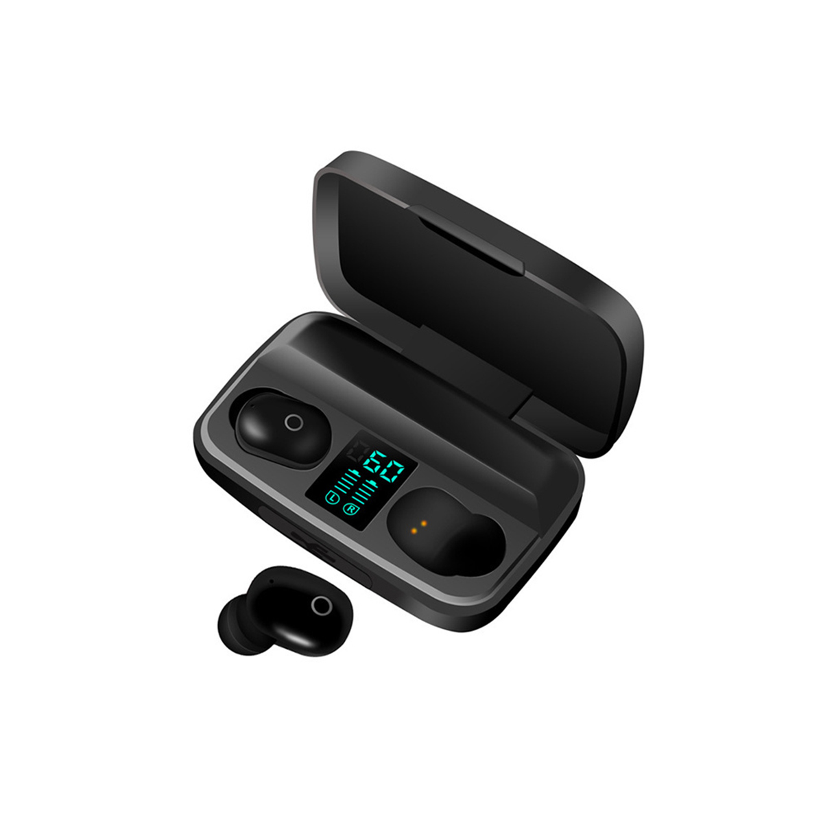 Auriculares inalámbricos negros en un estuche de carga, con pantalla digital que muestra el estado de la batería.