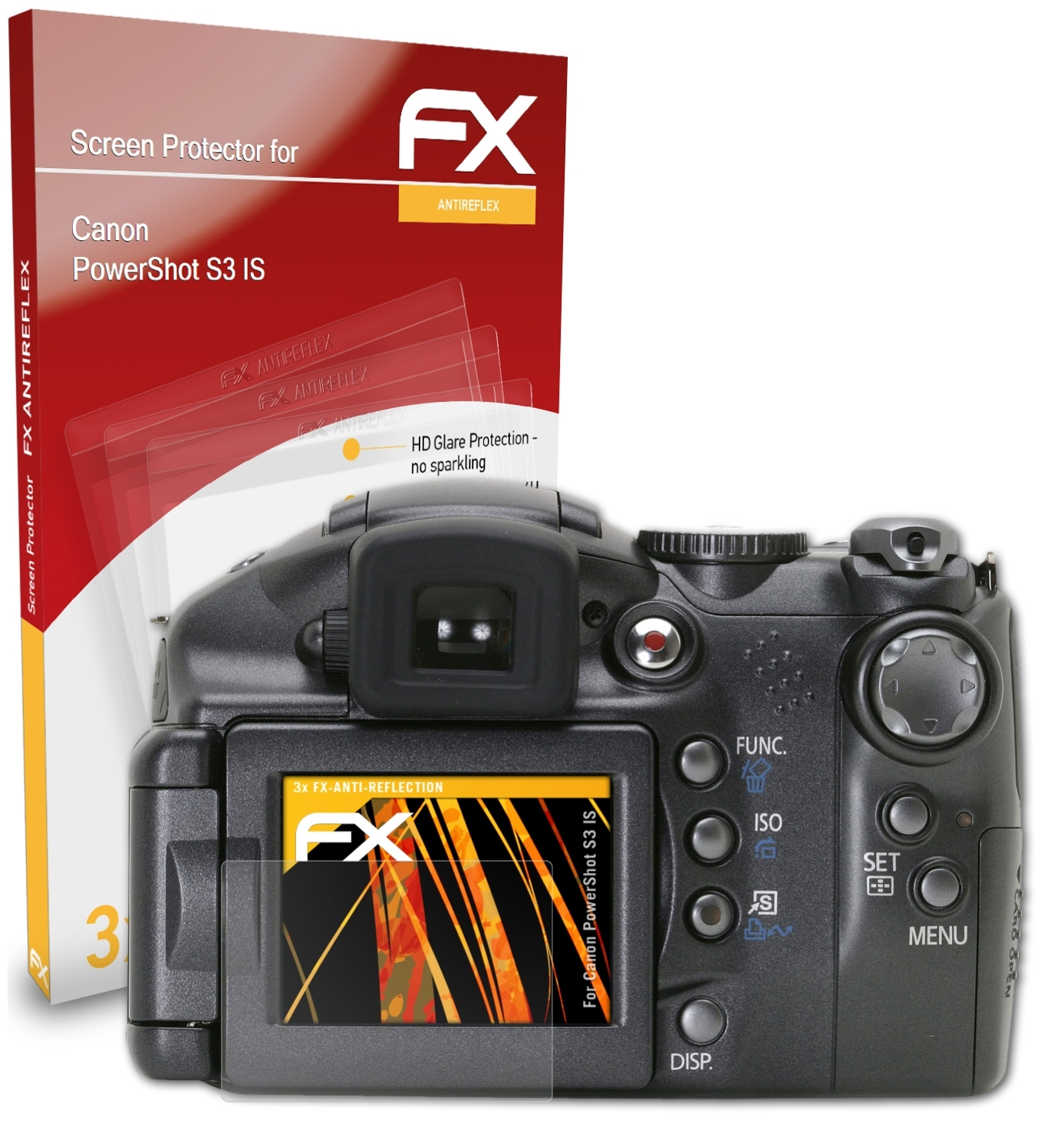 Kamera mit Verpackung für Displayschutzfolie und drei Schutzfolien. Weißer Hintergrund.