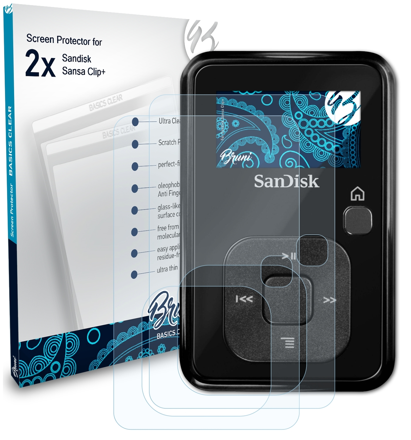 2x Basics-Clear Schutzfolie(für Sandisk Clip+) BRUNI Sansa