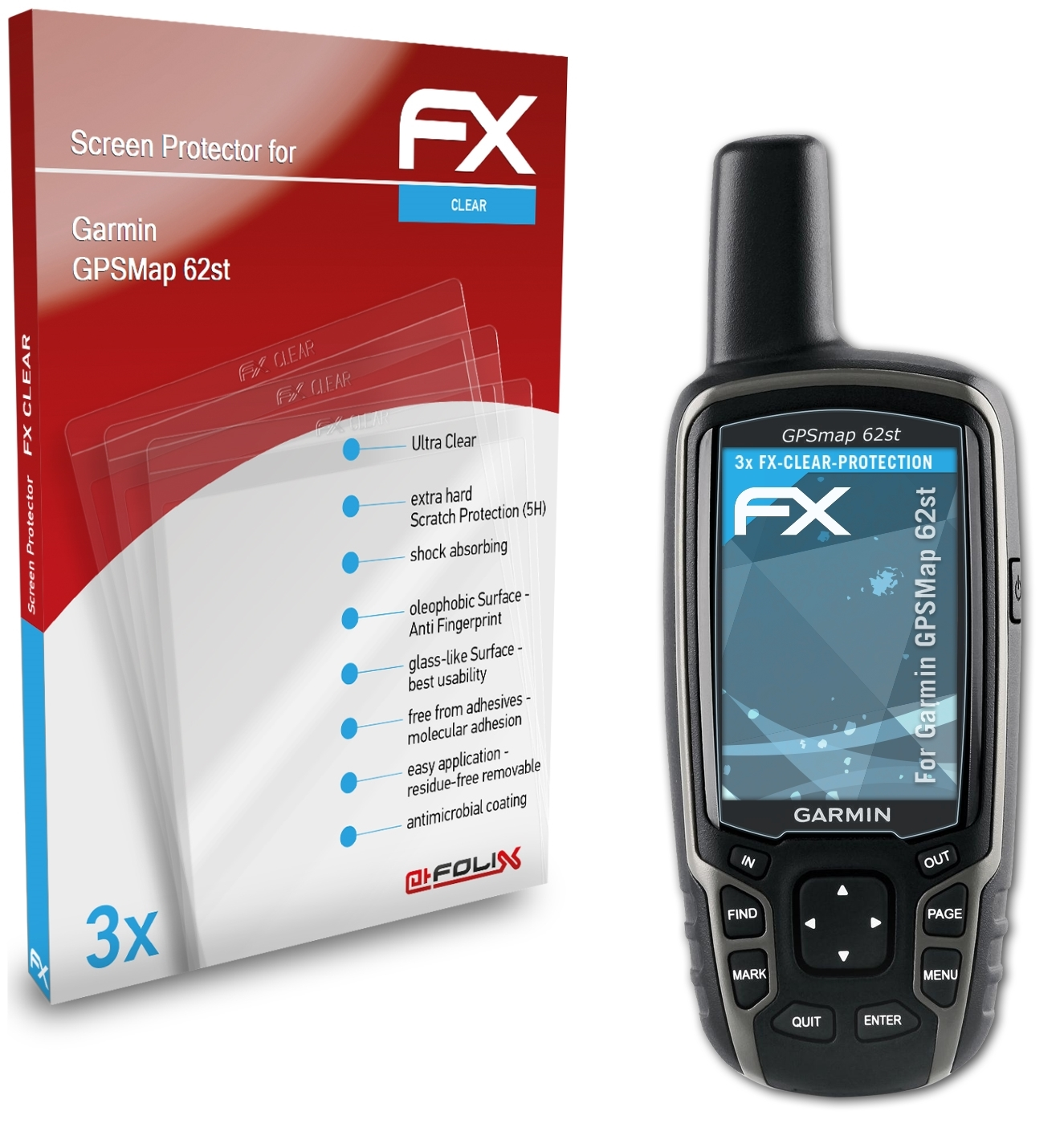 ATFOLIX 3x FX-Clear Displayschutz(für Garmin 62st) GPSMap