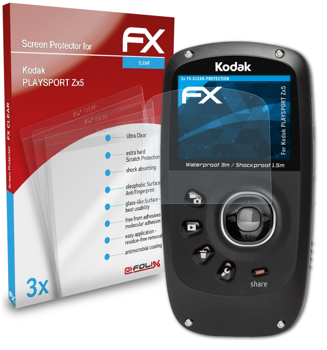 ATFOLIX 3x FX-Clear Displayschutz(für Zx5) Kodak PLAYSPORT