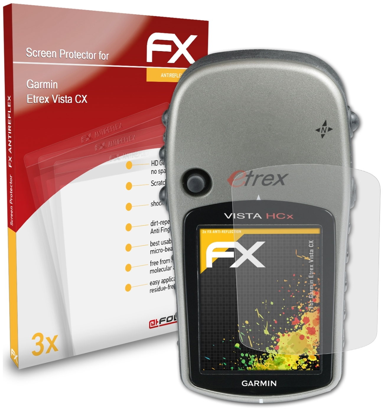 ATFOLIX 3x FX-Antireflex Displayschutz(für Garmin CX) Etrex Vista